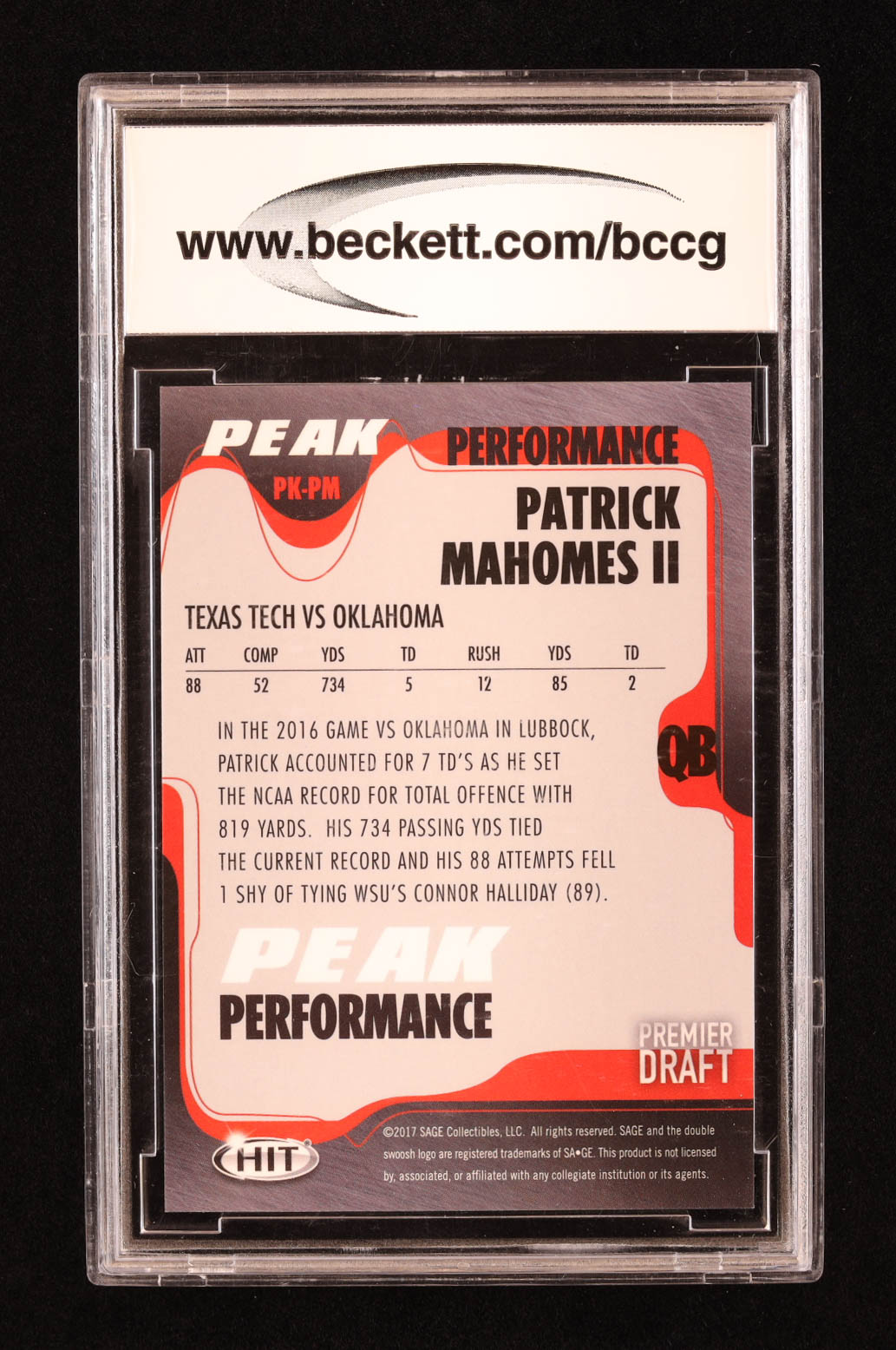 Patrick Mahomes II 2017 SAGE HIT Premier Draft Peak Performance #PKPM RC (BCCG 10) at PristineAuction.com Patrick Mahomes II 2017 SAGE HIT Premier Draft Peak Performance #PKPM RC (BCCG 10) at PristineAuction.com