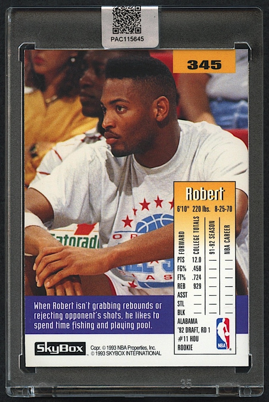 Robert Horry Signed 1992-93 SkyBox #345 RC (PA Encapsulated) at PristineAuction.com Robert Horry Signed 1992-93 SkyBox #345 RC (PA Encapsulated) at PristineAuction.com