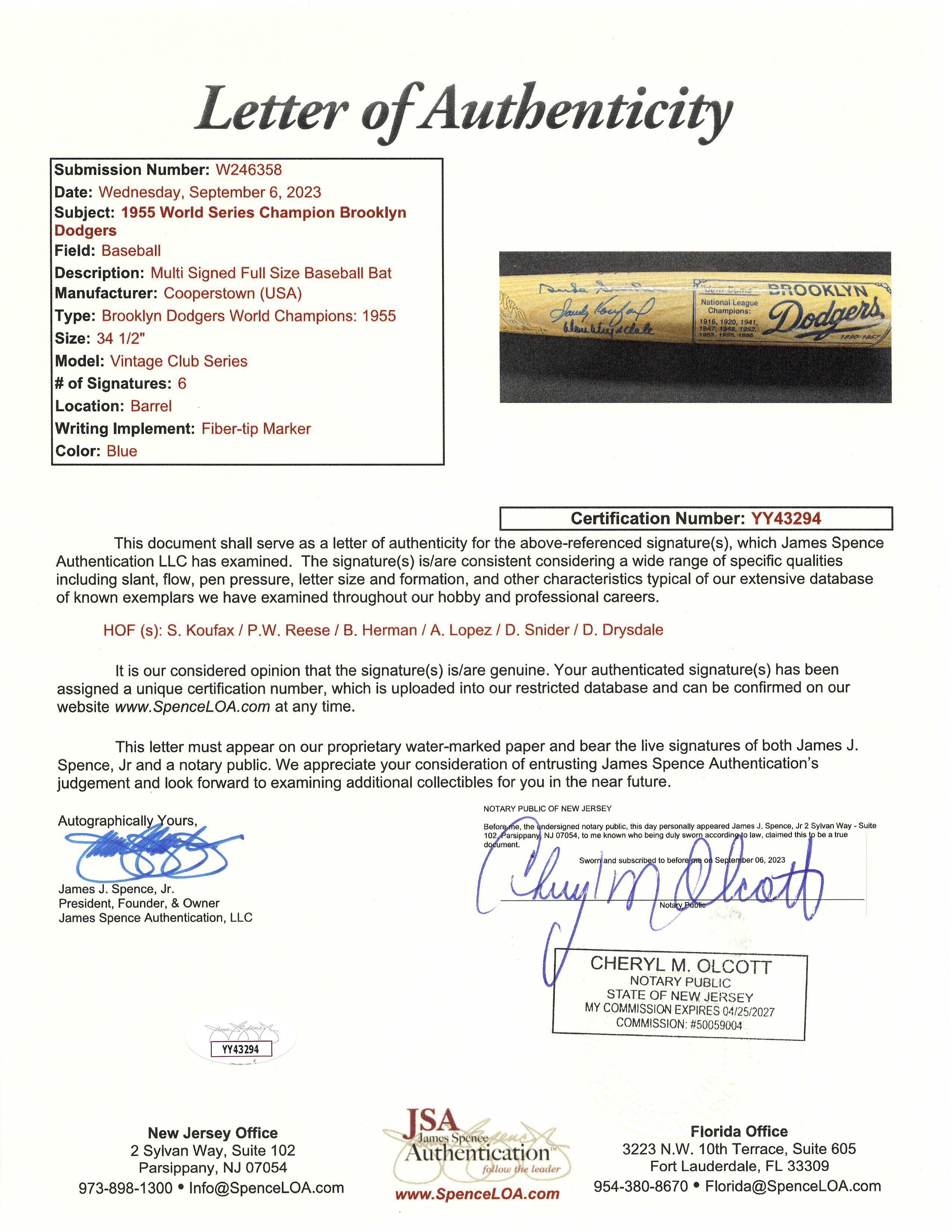 Dodgers Hall of Famers Cooperstown Commemorative Baseball Bat Signed By (6) with Sandy Koufax, Don Drysdale, Al Lopez, Billy Herman, Duke Snider & Pee Wee Reese (JSA) at PristineAuction.com Dodgers Hall of Famers Cooperstown Commemorative Baseball Bat Signed By (6) with Sandy Koufax, Don Drysdale, Al Lopez, Billy Herman, Duke Snider & Pee Wee Reese (JSA) at PristineAuction.com