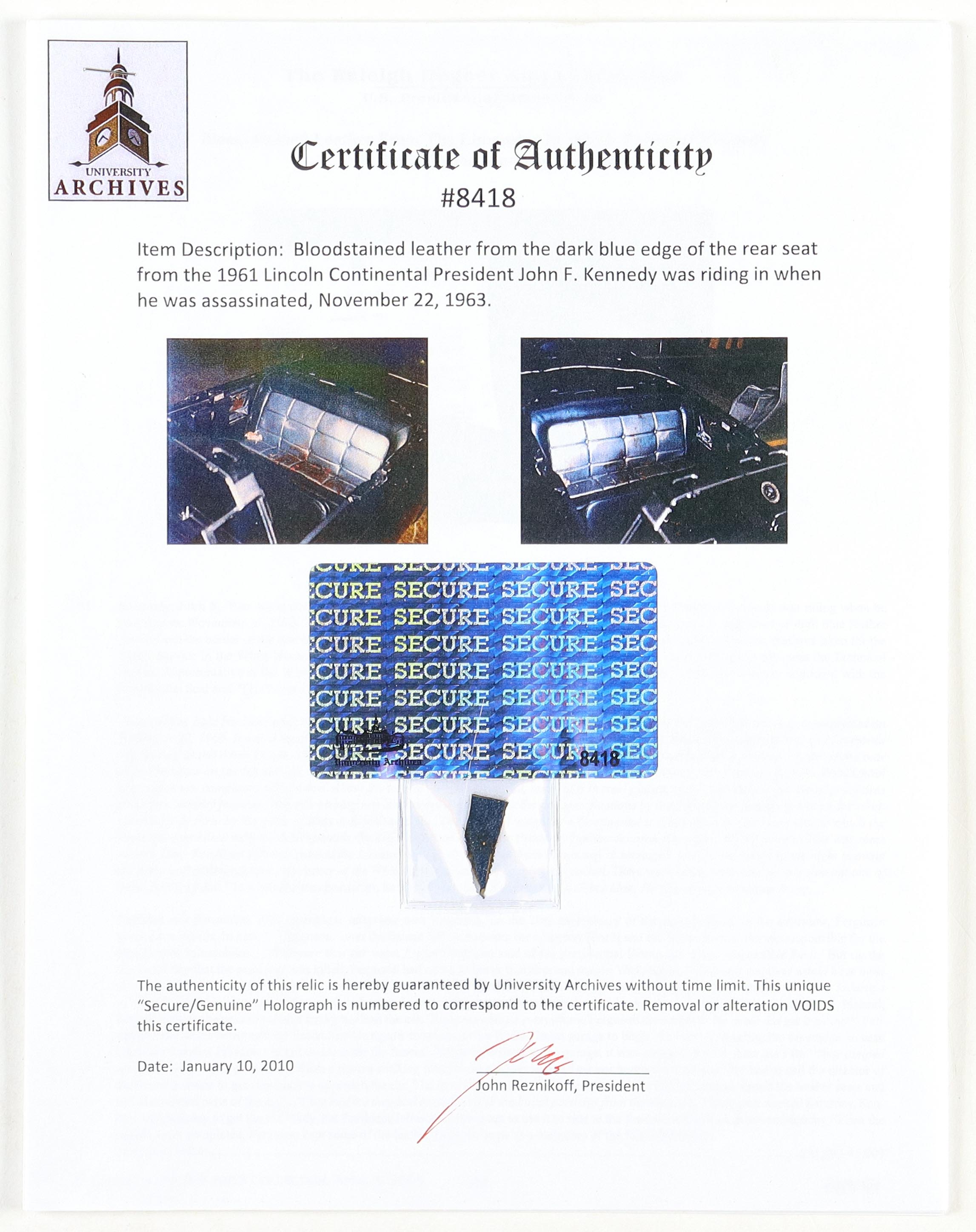 John F. Kennedy 1963 Assassination Custom Matted Blood-Stained Leather Seat Piece (University Archives) at PristineAuction.com John F. Kennedy 1963 Assassination Custom Matted Blood-Stained Leather Seat Piece (University Archives) at PristineAuction.com