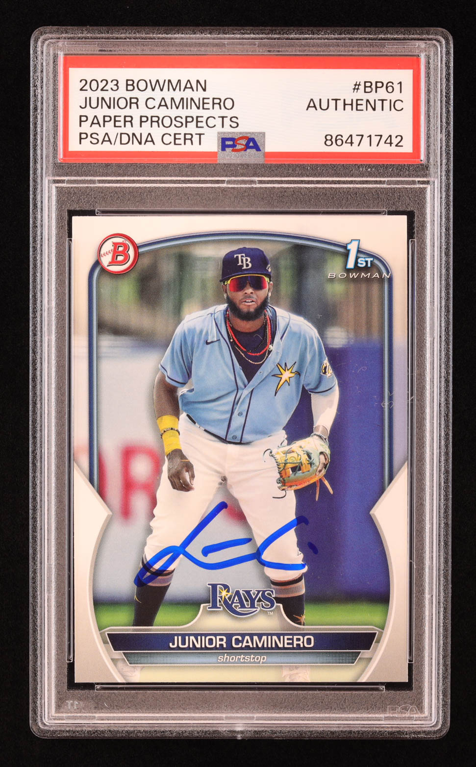Junior Caminero Signed 2023 Bowman Prospects #BP61 RC (PSA) at PristineAuction.com Junior Caminero Signed 2023 Bowman Prospects #BP61 RC (PSA) at PristineAuction.com