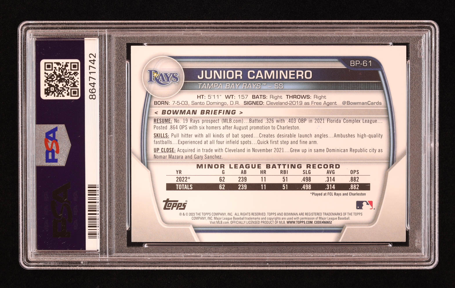 Junior Caminero Signed 2023 Bowman Prospects #BP61 RC (PSA) at PristineAuction.com Junior Caminero Signed 2023 Bowman Prospects #BP61 RC (PSA) at PristineAuction.com