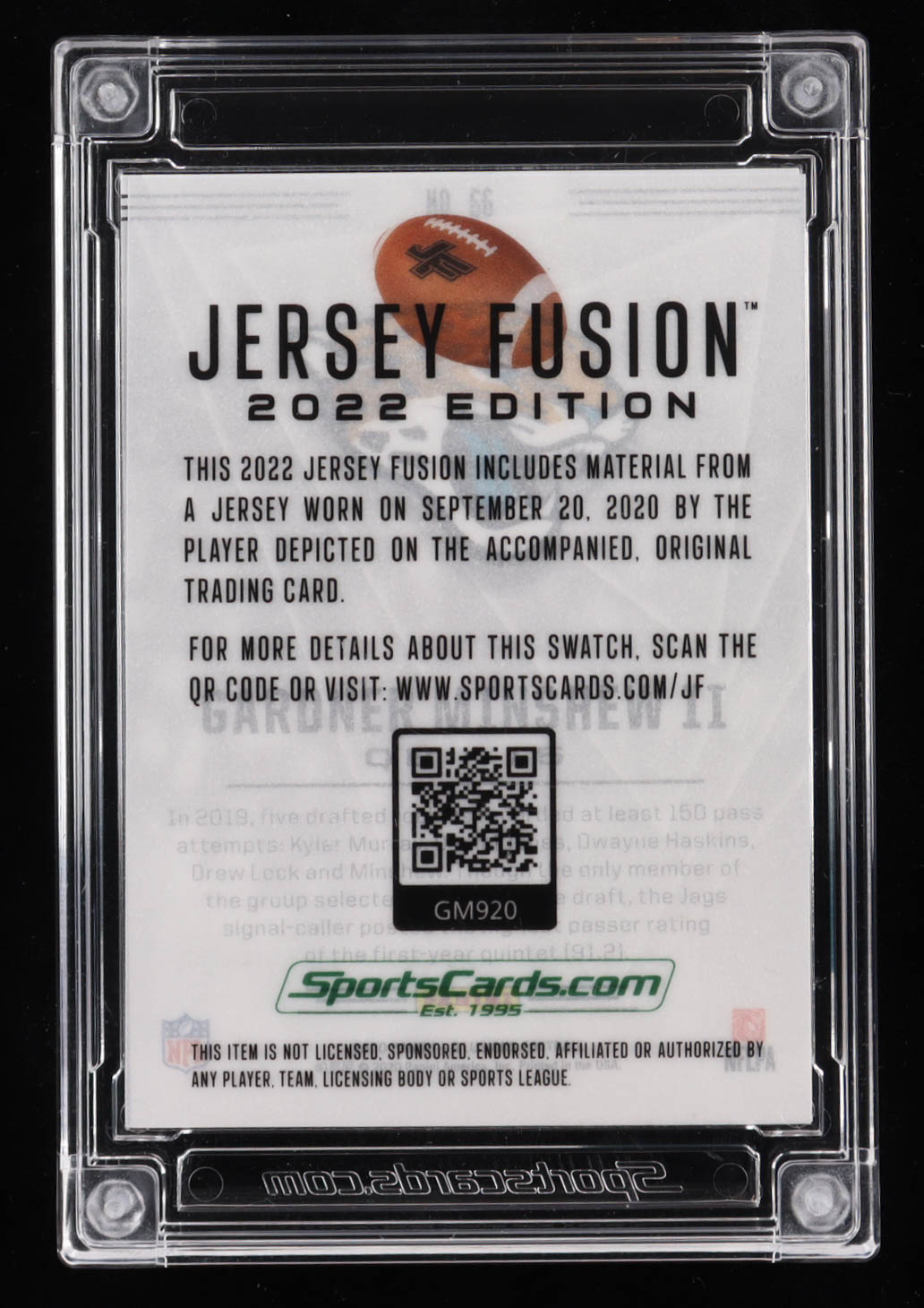 Gardner Minshew II 2022 Sportscards.com Jersey Fusion Game-Used Swatch #GM920 #04/10 at PristineAuction.com Gardner Minshew II 2022 Sportscards.com Jersey Fusion Game-Used Swatch #GM920 #04/10 at PristineAuction.com