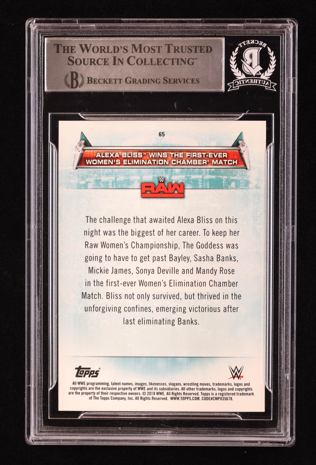 Alexa Bliss Signed 2019 Topps WWE Women's Division #65 Wins the First-Ever Women's Elimination Chamber Match (BGS) at PristineAuction.com Alexa Bliss Signed 2019 Topps WWE Women's Division #65 Wins the First-Ever Women's Elimination Chamber Match (BGS) at PristineAuction.com
