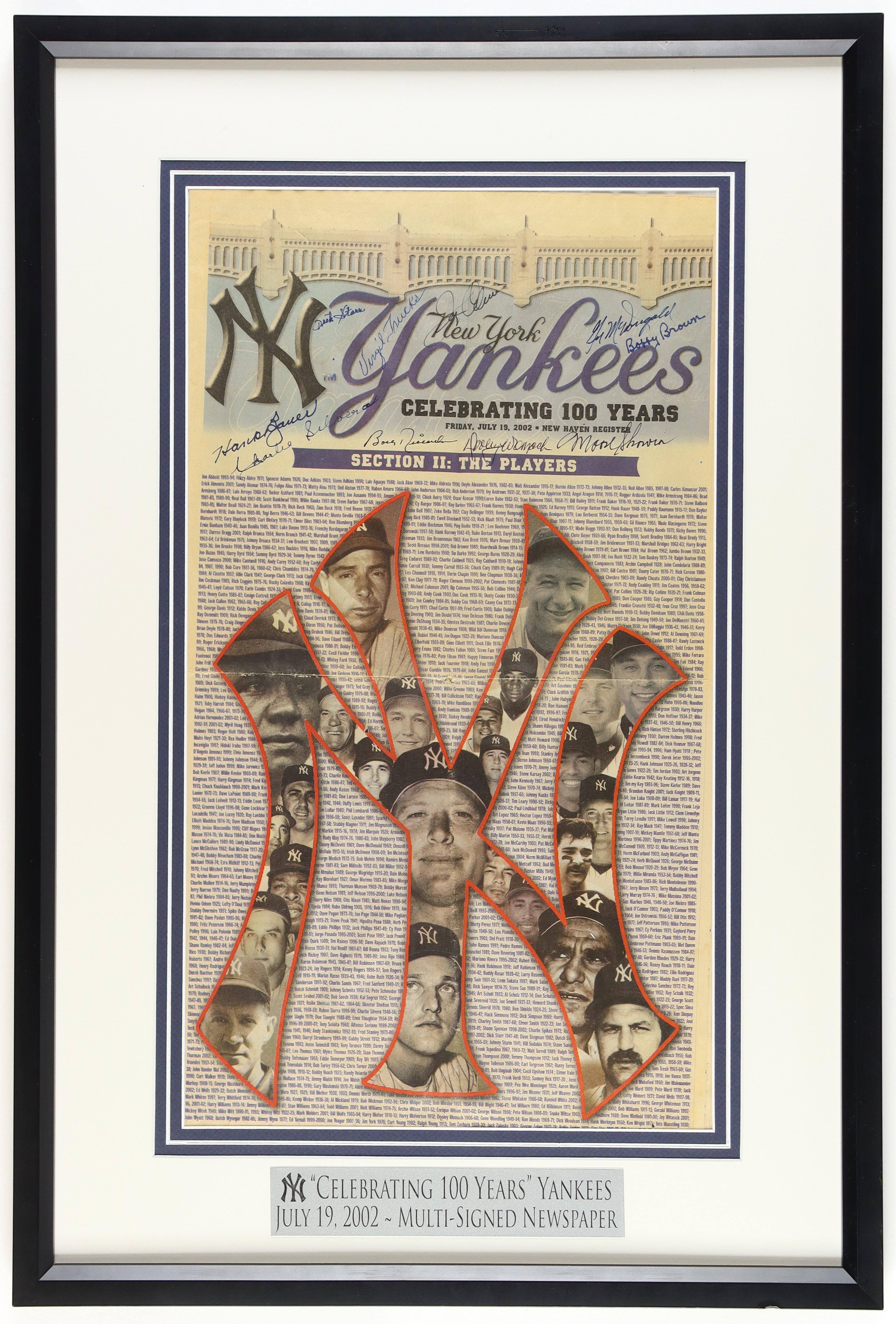 New York Yankees Stars "New York Yankees - Celebrating 100 Years" 20x29 Custom Framed Newspaper Display Multi-Signed By (10) With Moose Skowron, Hank Bauer, Bobby Richardson, Gil McDougald (JSA) at PristineAuction.com New York Yankees Stars "New York Yankees - Celebrating 100 Years" 20x29 Custom Framed Newspaper Display Multi-Signed By (10) With Moose Skowron, Hank Bauer, Bobby Richardson, Gil McDougald (JSA) at PristineAuction.com