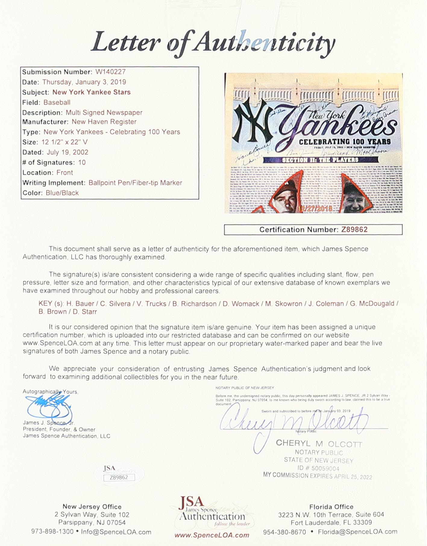 New York Yankees Stars "New York Yankees - Celebrating 100 Years" 20x29 Custom Framed Newspaper Display Multi-Signed By (10) With Moose Skowron, Hank Bauer, Bobby Richardson, Gil McDougald (JSA) at PristineAuction.com New York Yankees Stars "New York Yankees - Celebrating 100 Years" 20x29 Custom Framed Newspaper Display Multi-Signed By (10) With Moose Skowron, Hank Bauer, Bobby Richardson, Gil McDougald (JSA) at PristineAuction.com