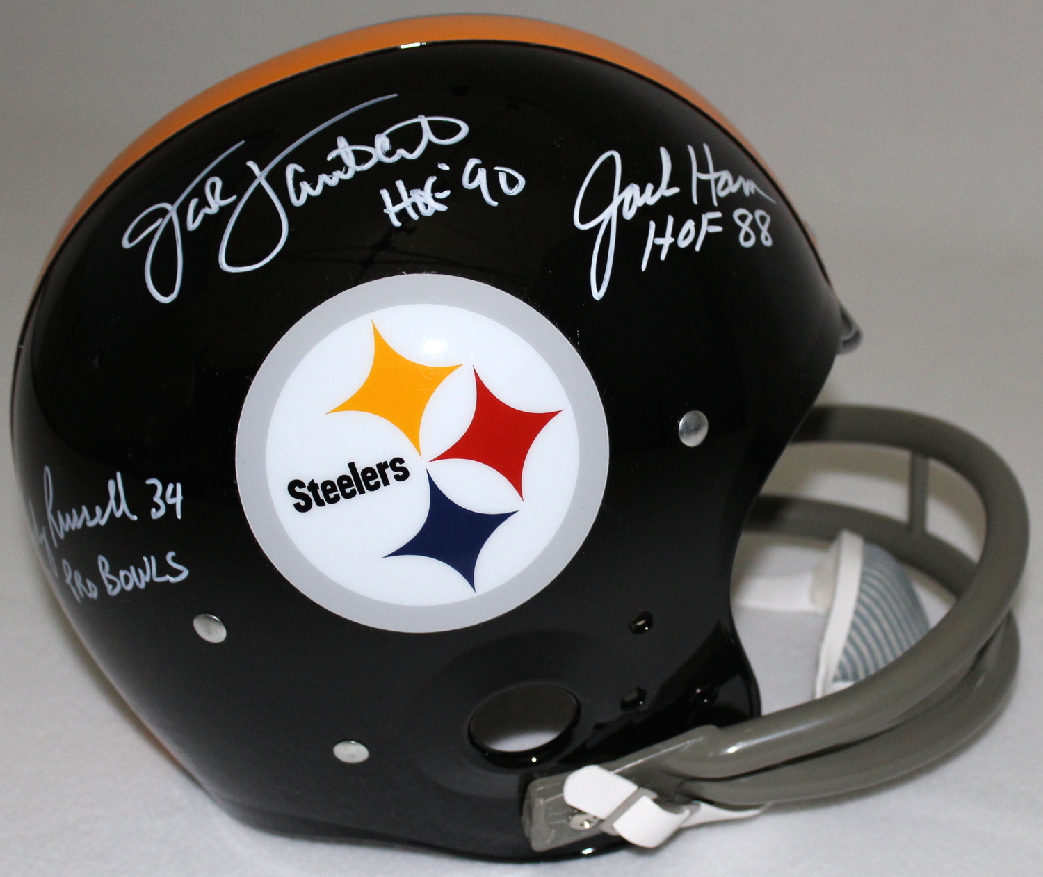 Jack Ham, Jack Lambert & Andy Russell Signed & Inscribed Steelers Full-Size Throwback TK Suspension Helmet (JSA COA) at PristineAuction.com Jack Ham, Jack Lambert & Andy Russell Signed & Inscribed Steelers Full-Size Throwback TK Suspension Helmet (JSA COA) at PristineAuction.com