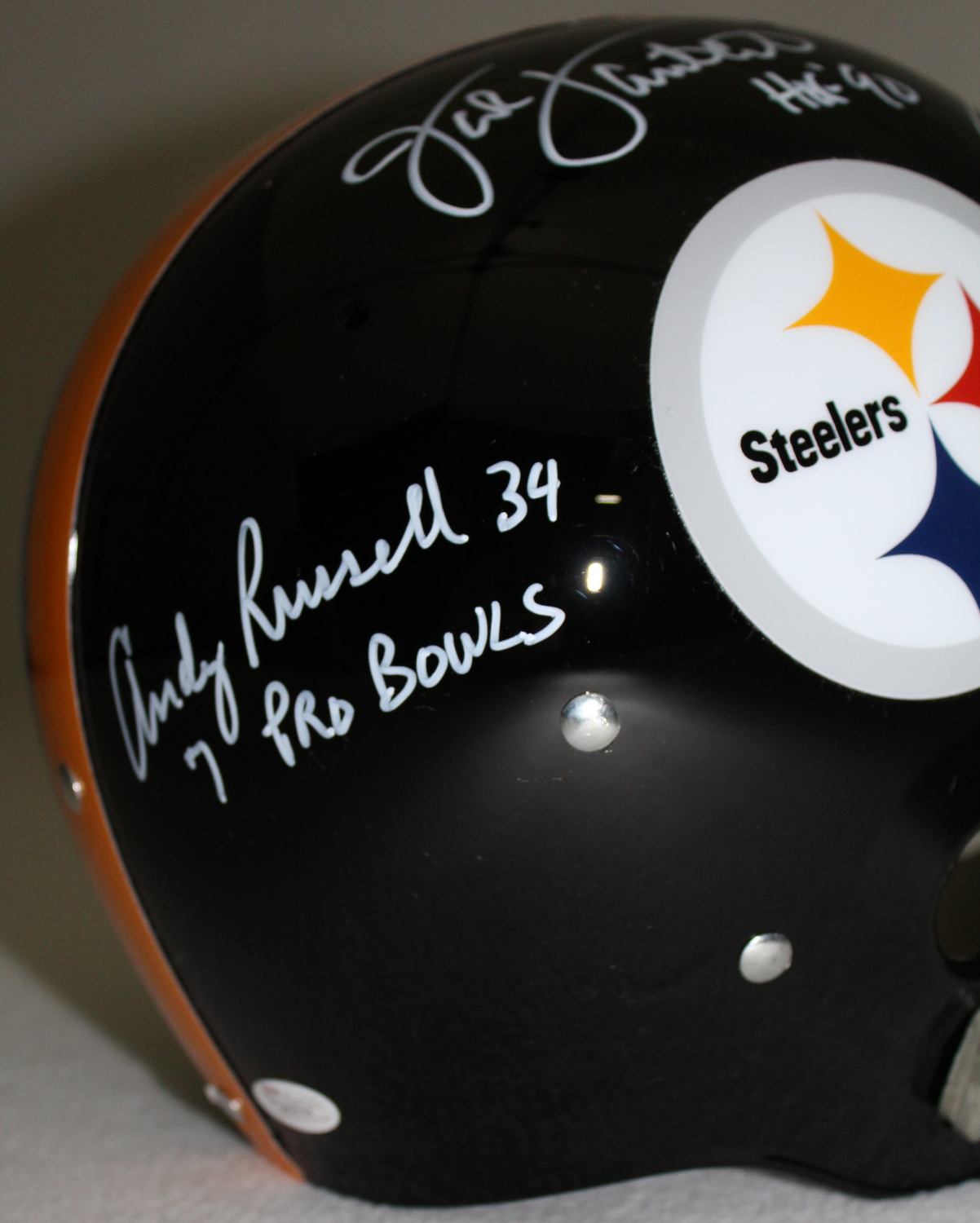 Jack Ham, Jack Lambert & Andy Russell Signed & Inscribed Steelers Full-Size Throwback TK Suspension Helmet (JSA COA) at PristineAuction.com Jack Ham, Jack Lambert & Andy Russell Signed & Inscribed Steelers Full-Size Throwback TK Suspension Helmet (JSA COA) at PristineAuction.com