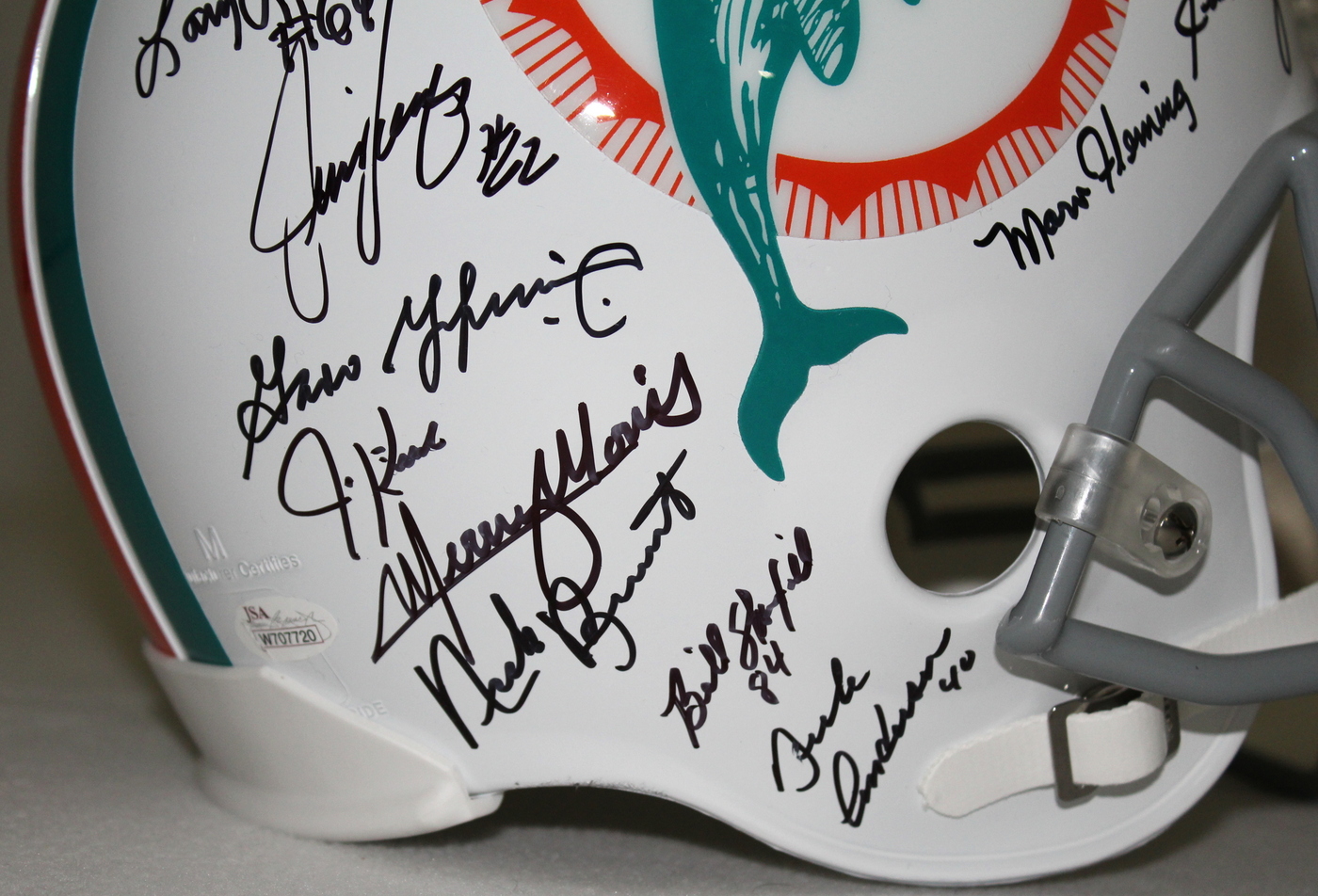 1972 Dolphins Super Bowl Champion Team-Signed Full-Size Helmet with (28) Signatures Including Bob Griese, Mercury Morris, Larry Little, Jim Kiick, Jake Scott (JSA COA) at PristineAuction.com 1972 Dolphins Super Bowl Champion Team-Signed Full-Size Helmet with (28) Signatures Including Bob Griese, Mercury Morris, Larry Little, Jim Kiick, Jake Scott (JSA COA) at PristineAuction.com