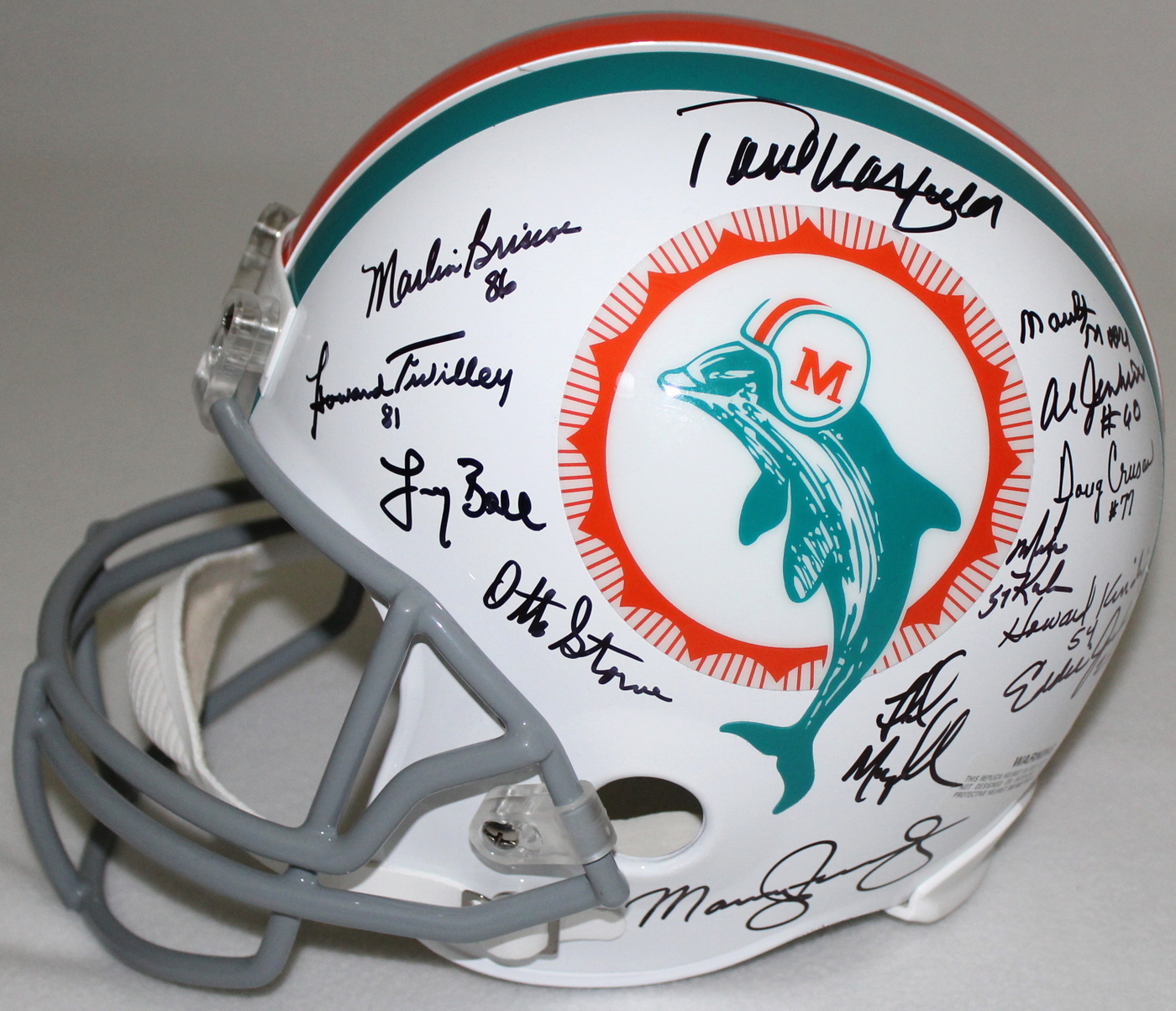 1972 Dolphins Super Bowl Champion Team-Signed Full-Size Helmet with (28) Signatures Including Bob Griese, Mercury Morris, Larry Little, Jim Kiick, Jake Scott (JSA COA) at PristineAuction.com 1972 Dolphins Super Bowl Champion Team-Signed Full-Size Helmet with (28) Signatures Including Bob Griese, Mercury Morris, Larry Little, Jim Kiick, Jake Scott (JSA COA) at PristineAuction.com