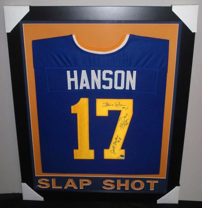 Hanson Brothers Signed "Slap Shot" Chiefs 35x43 Custom Framed Jersey Signed by (3) with Dave Hanson, Steve Carlson & Jeff Carlson (LOJO COA) at PristineAuction.com Hanson Brothers Signed "Slap Shot" Chiefs 35x43 Custom Framed Jersey Signed by (3) with Dave Hanson, Steve Carlson & Jeff Carlson (LOJO COA) at PristineAuction.com