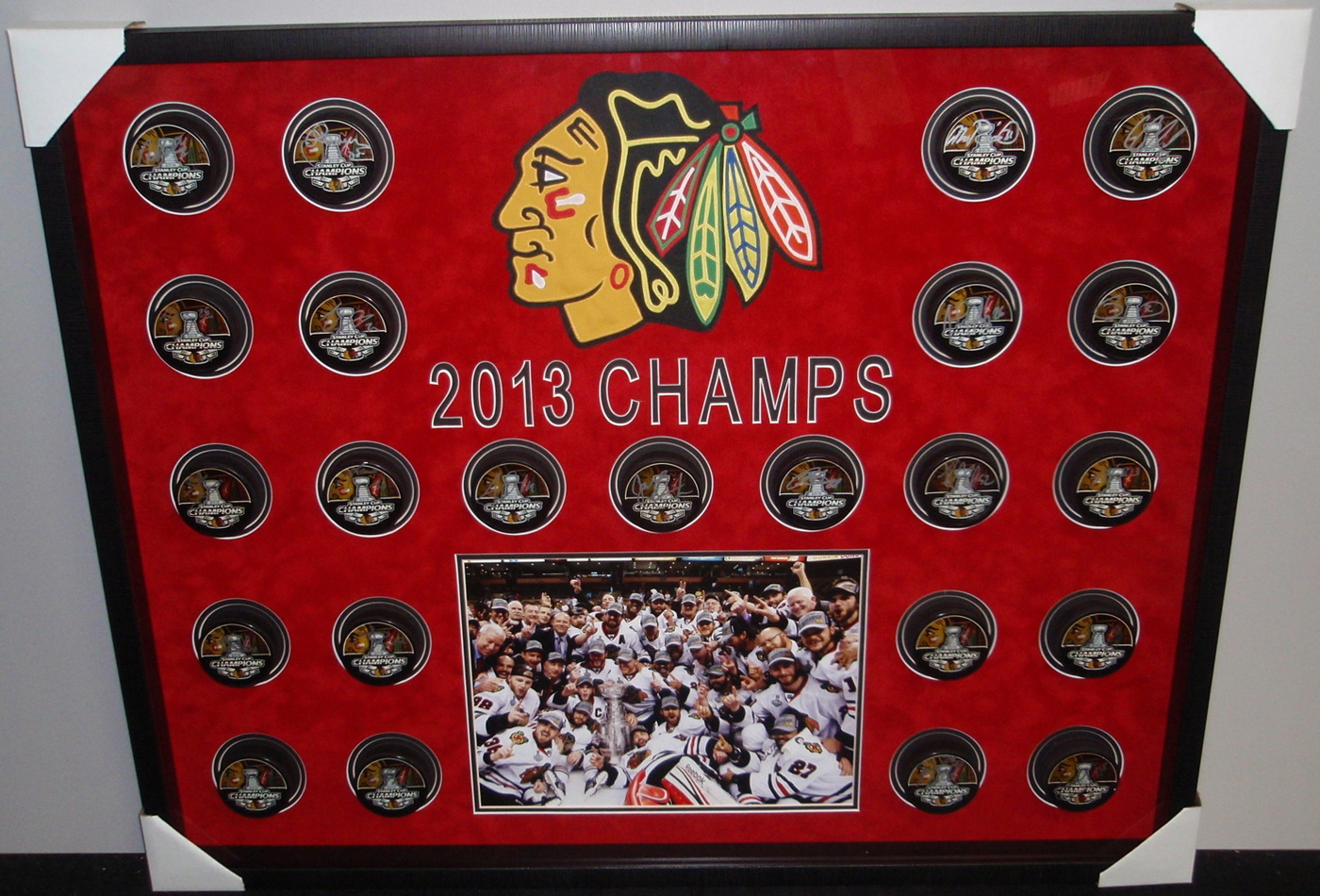 Blackhawks Shadowbox Display with (23) Signed Pucks including Jonathan Toews, Patrick Kane, Andrew Shaw, Bryan Bickell, Nick Leddy, Marian Hossa, Corey Crawford (JSA COA, Schwartz COA, Frameworth COA & WSD COA) at PristineAuction.com Blackhawks Shadowbox Display with (23) Signed Pucks including Jonathan Toews, Patrick Kane, Andrew Shaw, Bryan Bickell, Nick Leddy, Marian Hossa, Corey Crawford (JSA COA, Schwartz COA, Frameworth COA & WSD COA) at PristineAuction.com