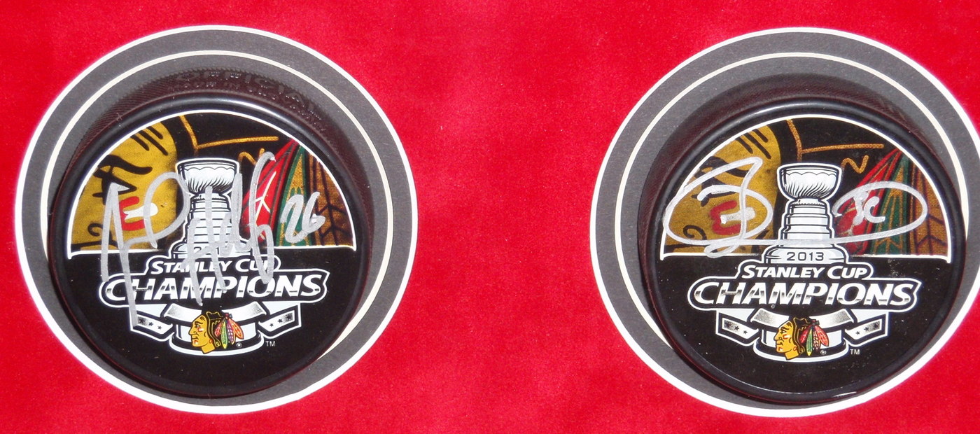 Blackhawks Shadowbox Display with (23) Signed Pucks including Jonathan Toews, Patrick Kane, Andrew Shaw, Bryan Bickell, Nick Leddy, Marian Hossa, Corey Crawford (JSA COA, Schwartz COA, Frameworth COA & WSD COA) at PristineAuction.com Blackhawks Shadowbox Display with (23) Signed Pucks including Jonathan Toews, Patrick Kane, Andrew Shaw, Bryan Bickell, Nick Leddy, Marian Hossa, Corey Crawford (JSA COA, Schwartz COA, Frameworth COA & WSD COA) at PristineAuction.com