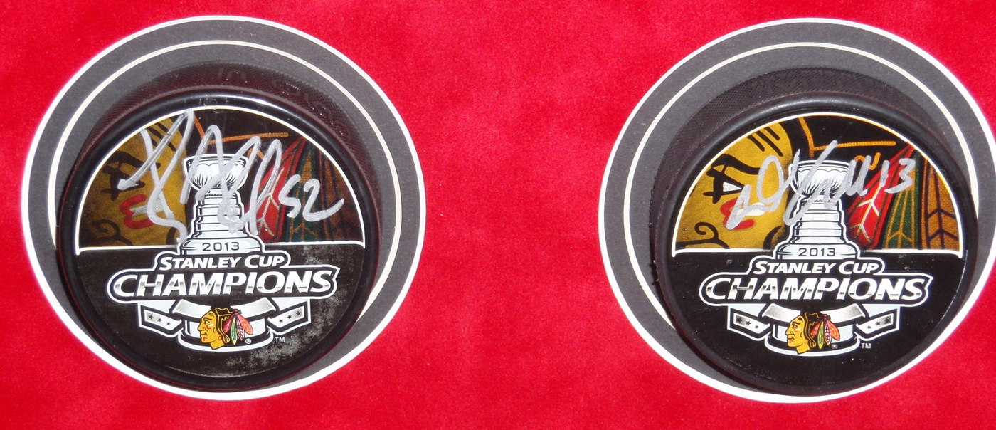 Blackhawks Shadowbox Display with (23) Signed Pucks including Jonathan Toews, Patrick Kane, Andrew Shaw, Bryan Bickell, Nick Leddy, Marian Hossa, Corey Crawford (JSA COA, Schwartz COA, Frameworth COA & WSD COA) at PristineAuction.com Blackhawks Shadowbox Display with (23) Signed Pucks including Jonathan Toews, Patrick Kane, Andrew Shaw, Bryan Bickell, Nick Leddy, Marian Hossa, Corey Crawford (JSA COA, Schwartz COA, Frameworth COA & WSD COA) at PristineAuction.com