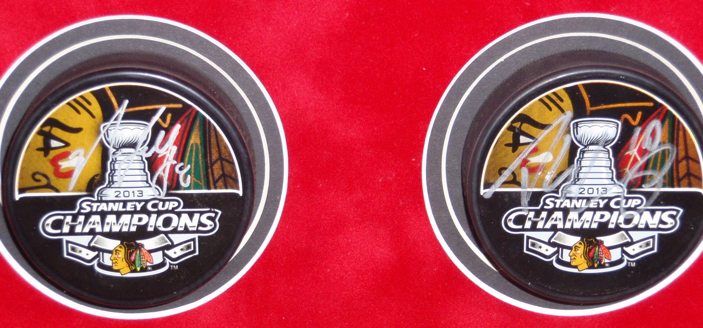 Blackhawks Shadowbox Display with (23) Signed Pucks including Jonathan Toews, Patrick Kane, Andrew Shaw, Bryan Bickell, Nick Leddy, Marian Hossa, Corey Crawford (JSA COA, Schwartz COA, Frameworth COA & WSD COA) at PristineAuction.com Blackhawks Shadowbox Display with (23) Signed Pucks including Jonathan Toews, Patrick Kane, Andrew Shaw, Bryan Bickell, Nick Leddy, Marian Hossa, Corey Crawford (JSA COA, Schwartz COA, Frameworth COA & WSD COA) at PristineAuction.com