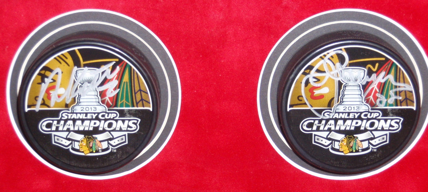 Blackhawks Shadowbox Display with (23) Signed Pucks including Jonathan Toews, Patrick Kane, Andrew Shaw, Bryan Bickell, Nick Leddy, Marian Hossa, Corey Crawford (JSA COA, Schwartz COA, Frameworth COA & WSD COA) at PristineAuction.com Blackhawks Shadowbox Display with (23) Signed Pucks including Jonathan Toews, Patrick Kane, Andrew Shaw, Bryan Bickell, Nick Leddy, Marian Hossa, Corey Crawford (JSA COA, Schwartz COA, Frameworth COA & WSD COA) at PristineAuction.com