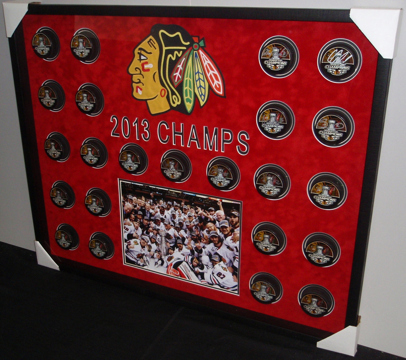 Blackhawks Shadowbox Display with (23) Signed Pucks including Jonathan Toews, Patrick Kane, Andrew Shaw, Bryan Bickell, Nick Leddy, Marian Hossa, Corey Crawford (JSA COA, Schwartz COA, Frameworth COA & WSD COA) at PristineAuction.com Blackhawks Shadowbox Display with (23) Signed Pucks including Jonathan Toews, Patrick Kane, Andrew Shaw, Bryan Bickell, Nick Leddy, Marian Hossa, Corey Crawford (JSA COA, Schwartz COA, Frameworth COA & WSD COA) at PristineAuction.com