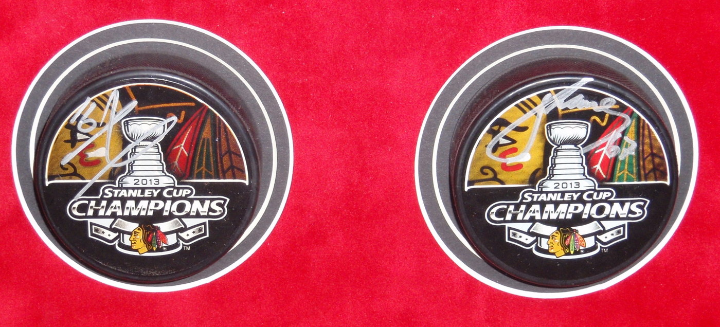 Blackhawks Shadowbox Display with (23) Signed Pucks including Jonathan Toews, Patrick Kane, Andrew Shaw, Bryan Bickell, Nick Leddy, Marian Hossa, Corey Crawford (JSA COA, Schwartz COA, Frameworth COA & WSD COA) at PristineAuction.com Blackhawks Shadowbox Display with (23) Signed Pucks including Jonathan Toews, Patrick Kane, Andrew Shaw, Bryan Bickell, Nick Leddy, Marian Hossa, Corey Crawford (JSA COA, Schwartz COA, Frameworth COA & WSD COA) at PristineAuction.com