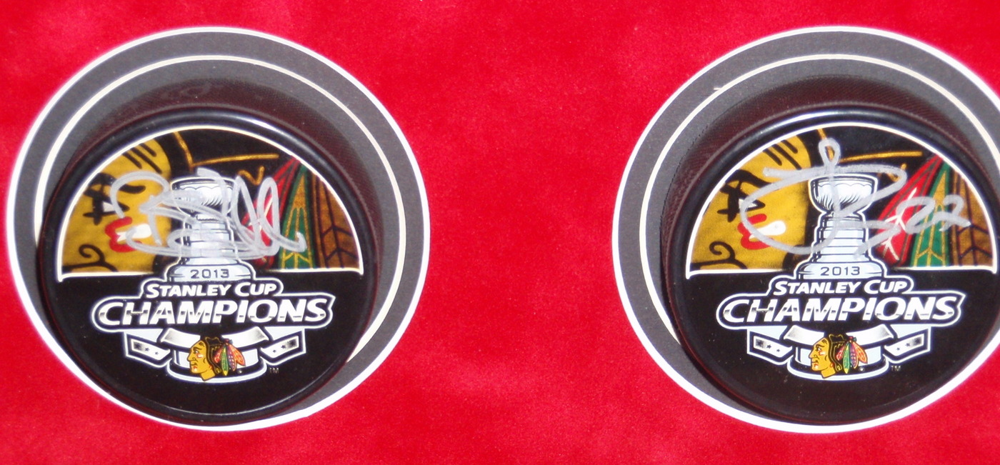 Blackhawks Shadowbox Display with (23) Signed Pucks including Jonathan Toews, Patrick Kane, Andrew Shaw, Bryan Bickell, Nick Leddy, Marian Hossa, Corey Crawford (JSA COA, Schwartz COA, Frameworth COA & WSD COA) at PristineAuction.com Blackhawks Shadowbox Display with (23) Signed Pucks including Jonathan Toews, Patrick Kane, Andrew Shaw, Bryan Bickell, Nick Leddy, Marian Hossa, Corey Crawford (JSA COA, Schwartz COA, Frameworth COA & WSD COA) at PristineAuction.com