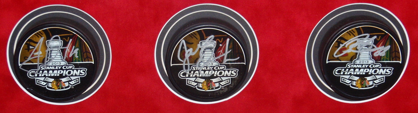 Blackhawks Shadowbox Display with (23) Signed Pucks including Jonathan Toews, Patrick Kane, Andrew Shaw, Bryan Bickell, Nick Leddy, Marian Hossa, Corey Crawford (JSA COA, Schwartz COA, Frameworth COA & WSD COA) at PristineAuction.com Blackhawks Shadowbox Display with (23) Signed Pucks including Jonathan Toews, Patrick Kane, Andrew Shaw, Bryan Bickell, Nick Leddy, Marian Hossa, Corey Crawford (JSA COA, Schwartz COA, Frameworth COA & WSD COA) at PristineAuction.com