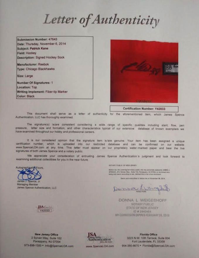 Patrick Kane Signed Blackhawks 35x43 Custom Framed Game-Used Sock Display (JSA LOA) at PristineAuction.com Patrick Kane Signed Blackhawks 35x43 Custom Framed Game-Used Sock Display (JSA LOA) at PristineAuction.com