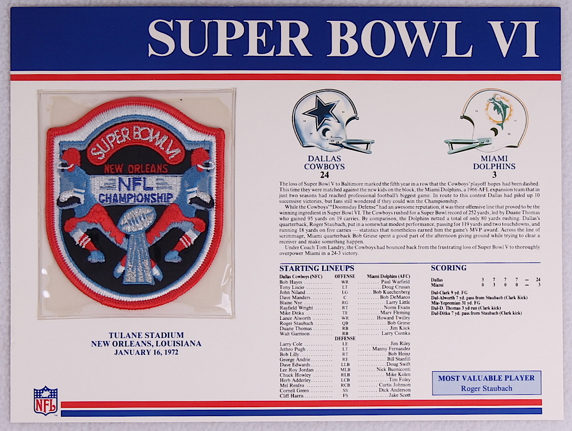 Super Bowl VI Patch With 12x9 Scorecard: Cowboys vs. Dolphins at PristineAuction.com Super Bowl VI Patch With 12x9 Scorecard: Cowboys vs. Dolphins at PristineAuction.com
