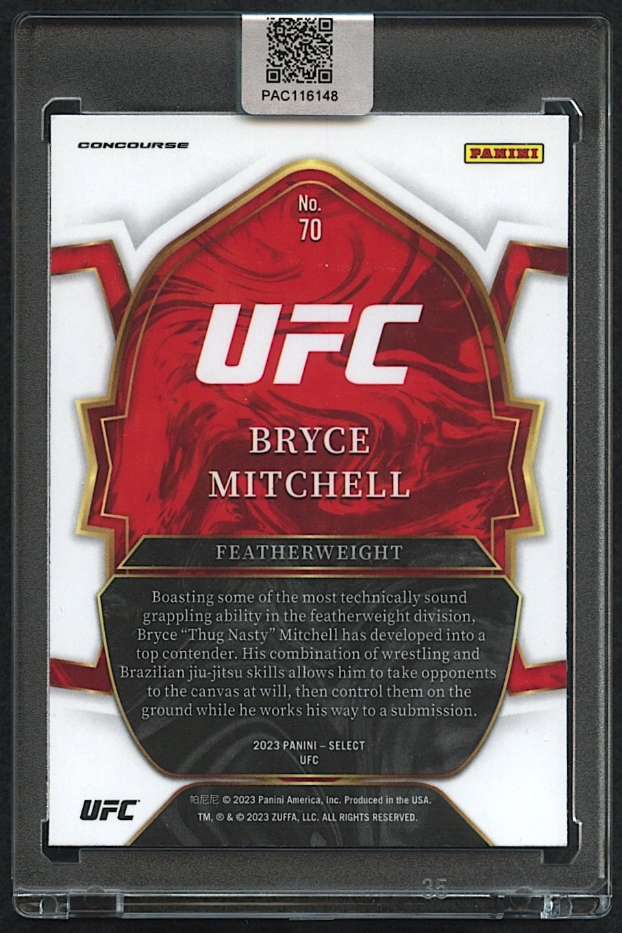 Bryce Mitchell Signed 2023 Select UFC #70 Inscribed "Thug Nasty" (PA Encapsulated) at PristineAuction.com Bryce Mitchell Signed 2023 Select UFC #70 Inscribed "Thug Nasty" (PA Encapsulated) at PristineAuction.com
