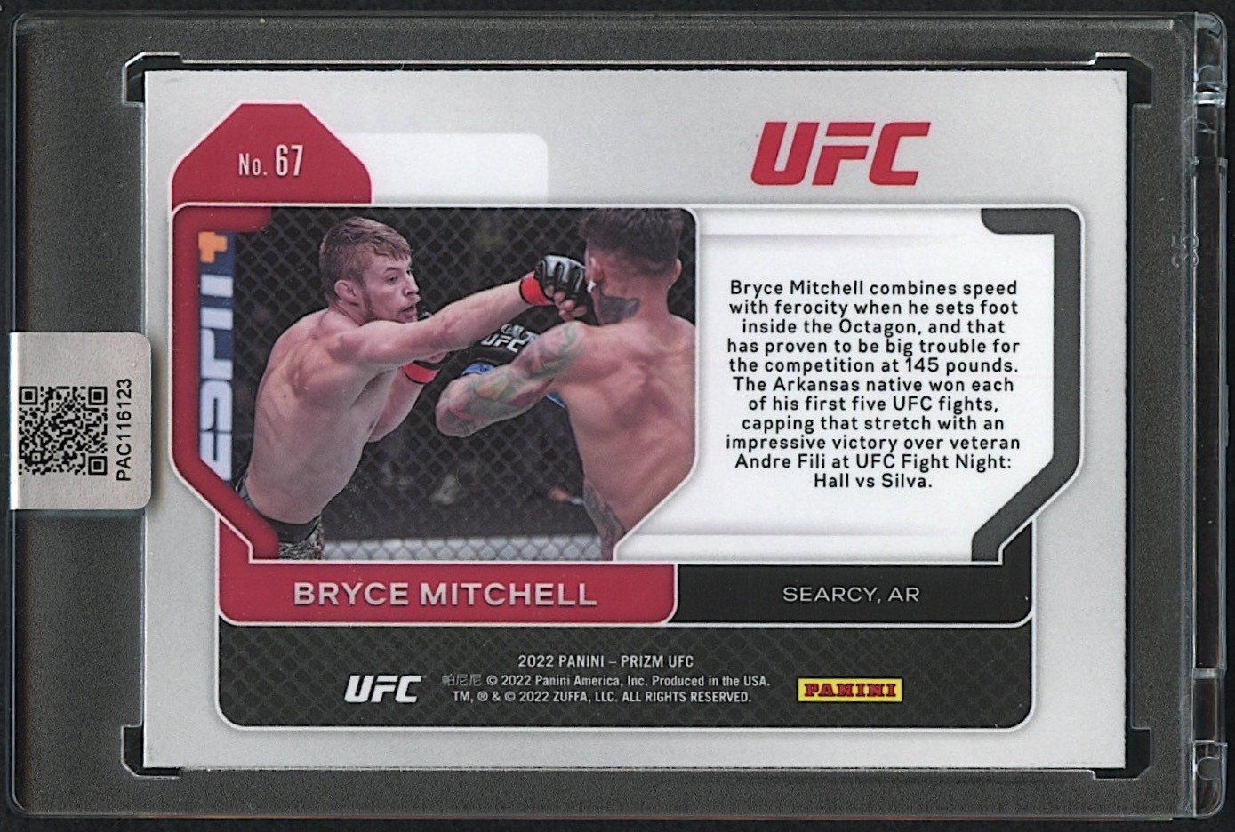 Bryce Mitchell Signed 2022 Panini Prizm UFC #67 Inscribed "Thug Nasty" (PA Encapsulated) at PristineAuction.com Bryce Mitchell Signed 2022 Panini Prizm UFC #67 Inscribed "Thug Nasty" (PA Encapsulated) at PristineAuction.com