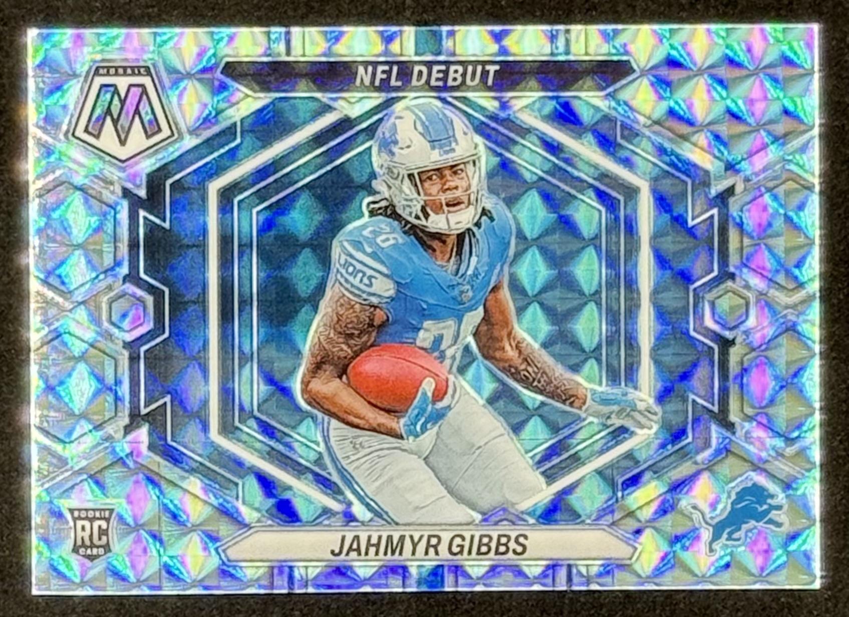 Jahmyr Gibbs 2023 Panini Mosaic NFL Debut Mosaic #10 RC at PristineAuction.com Jahmyr Gibbs 2023 Panini Mosaic NFL Debut Mosaic #10 RC at PristineAuction.com