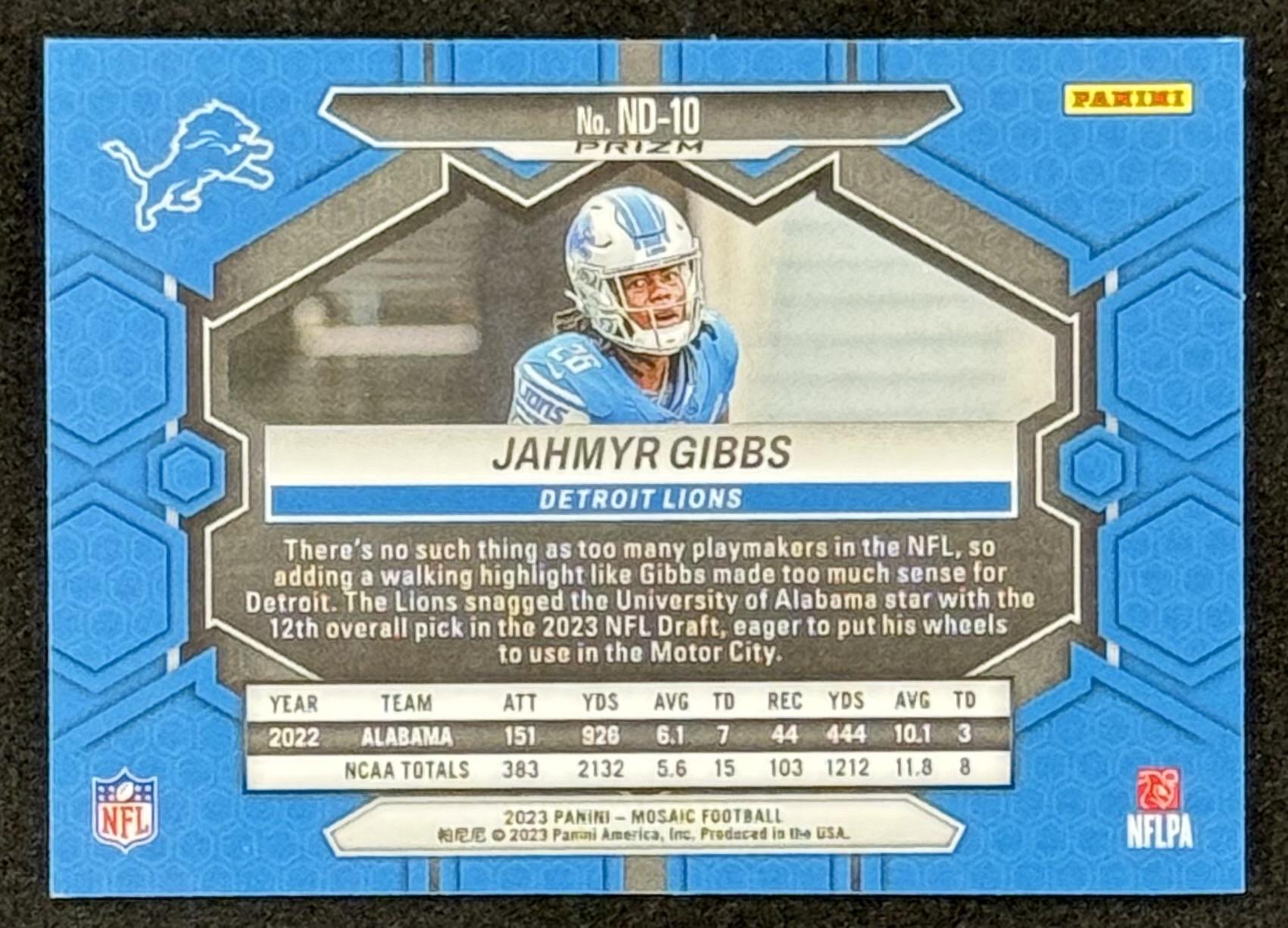 Jahmyr Gibbs 2023 Panini Mosaic NFL Debut Mosaic #10 RC at PristineAuction.com Jahmyr Gibbs 2023 Panini Mosaic NFL Debut Mosaic #10 RC at PristineAuction.com