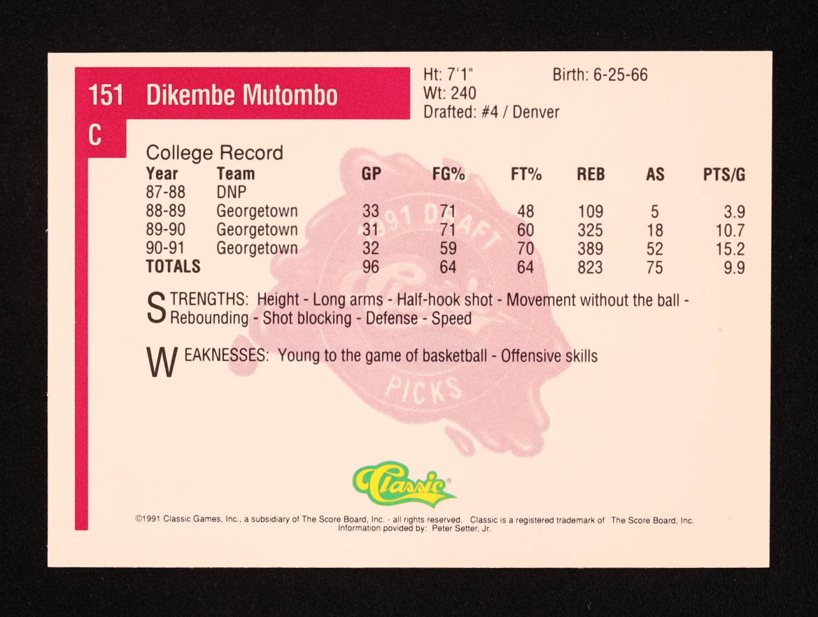 Dikembe Mutombo 1991 Classic Four Sport #151 RC at PristineAuction.com Dikembe Mutombo 1991 Classic Four Sport #151 RC at PristineAuction.com