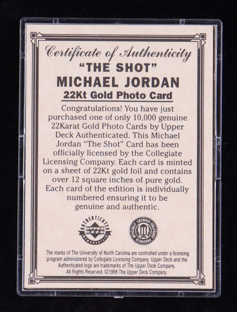 Michael Jordan 1996 Upper Deck "The Shot" 22Kt Gold Card with COA & Box Set #/10,000 at PristineAuction.com Michael Jordan 1996 Upper Deck "The Shot" 22Kt Gold Card with COA & Box Set #/10,000 at PristineAuction.com