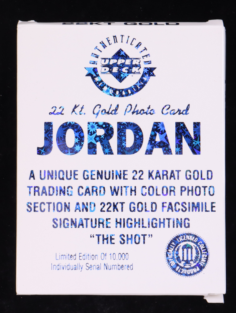 Michael Jordan 1996 Upper Deck "The Shot" 22Kt Gold Card with COA & Box Set #/10,000 at PristineAuction.com Michael Jordan 1996 Upper Deck "The Shot" 22Kt Gold Card with COA & Box Set #/10,000 at PristineAuction.com