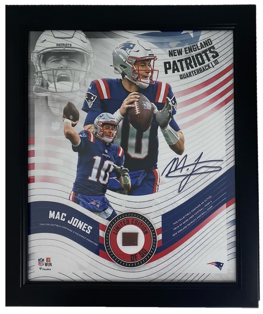 Mac Jones LE Patriots Custom Framed Photo Display with Football Piece (Fanatics) at PristineAuction.com Mac Jones LE Patriots Custom Framed Photo Display with Football Piece (Fanatics) at PristineAuction.com