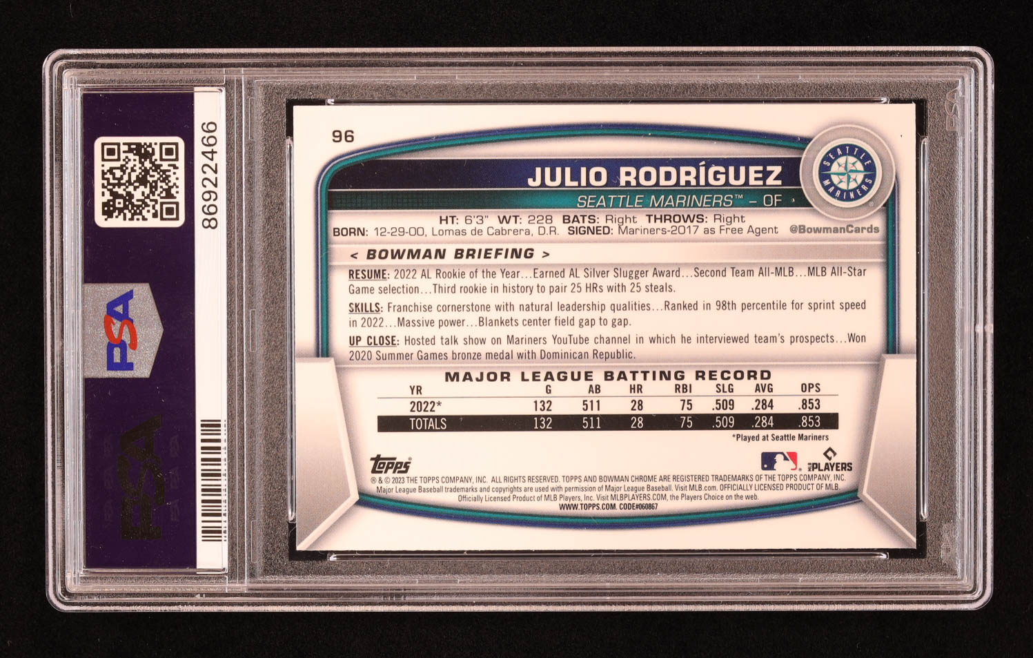 Julio Rodriguez 2023 Bowman Chrome Mega Box #96 (PSA 10) at PristineAuction.com Julio Rodriguez 2023 Bowman Chrome Mega Box #96 (PSA 10) at PristineAuction.com