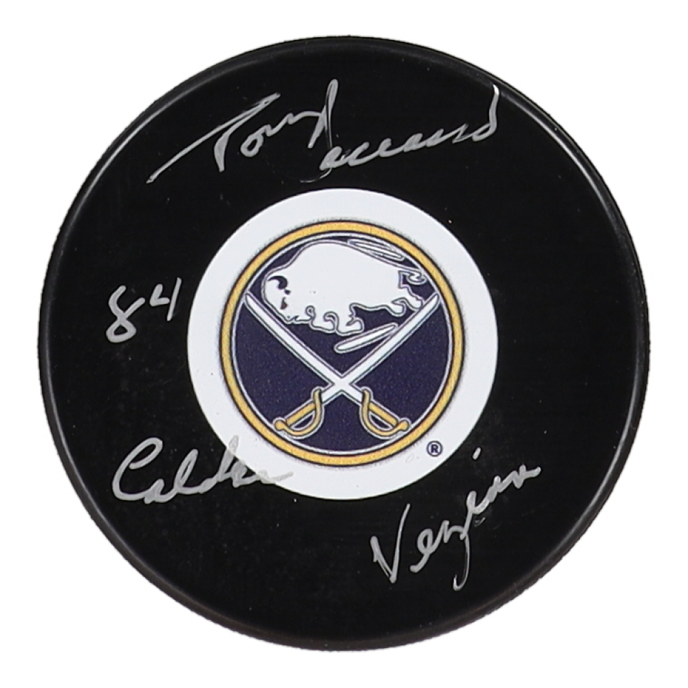 Tom Barrasso Signed Sabres Logo Hockey Puck Inscribed "84 Calder Vezina" (COJO) at PristineAuction.com