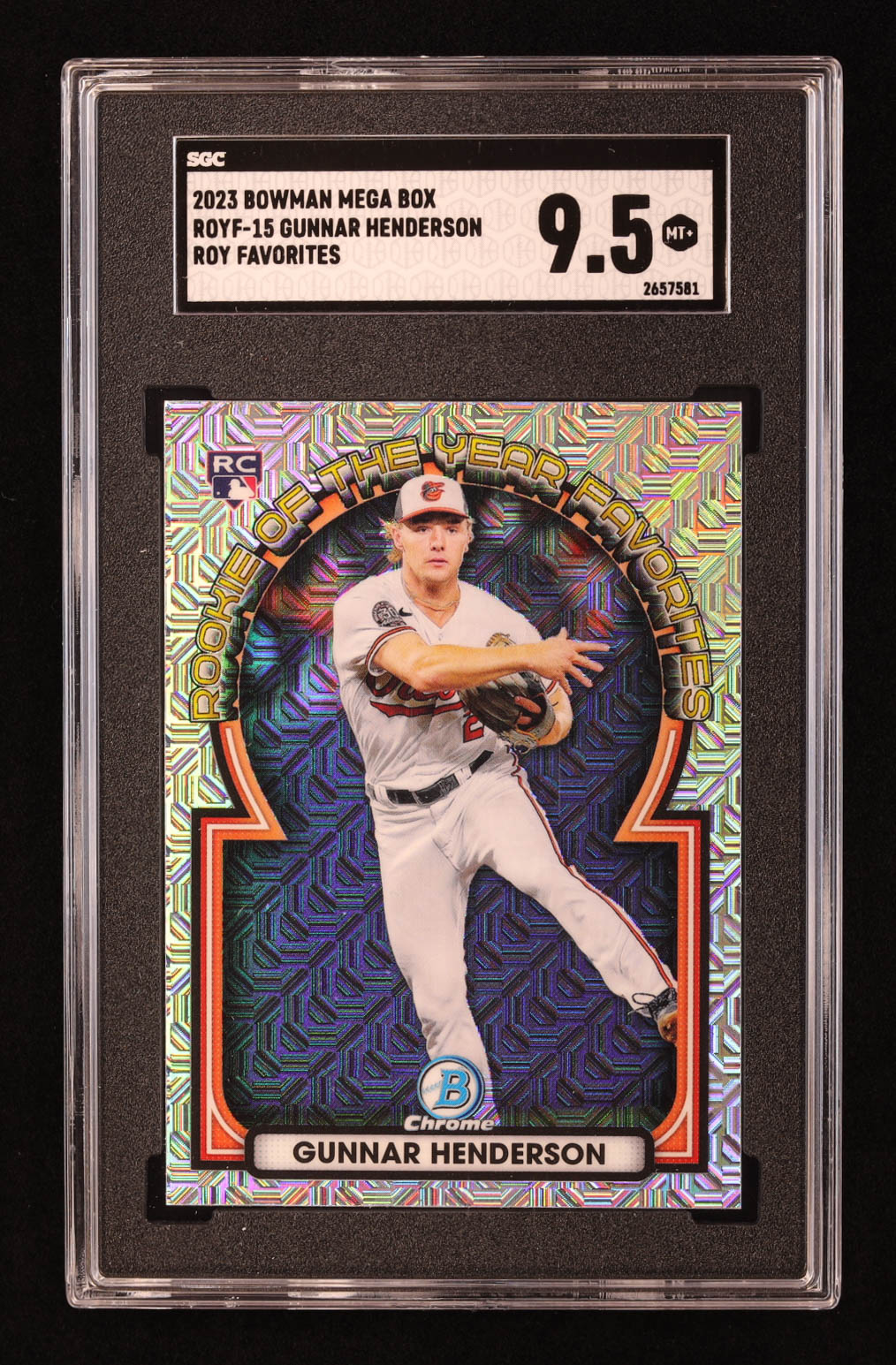 Gunnar Henderson 2023 Bowman Chrome Mega Box Rookie of the Year Favorites #ROYF15 RC (SGC 9.5) at PristineAuction.com Gunnar Henderson 2023 Bowman Chrome Mega Box Rookie of the Year Favorites #ROYF15 RC (SGC 9.5) at PristineAuction.com