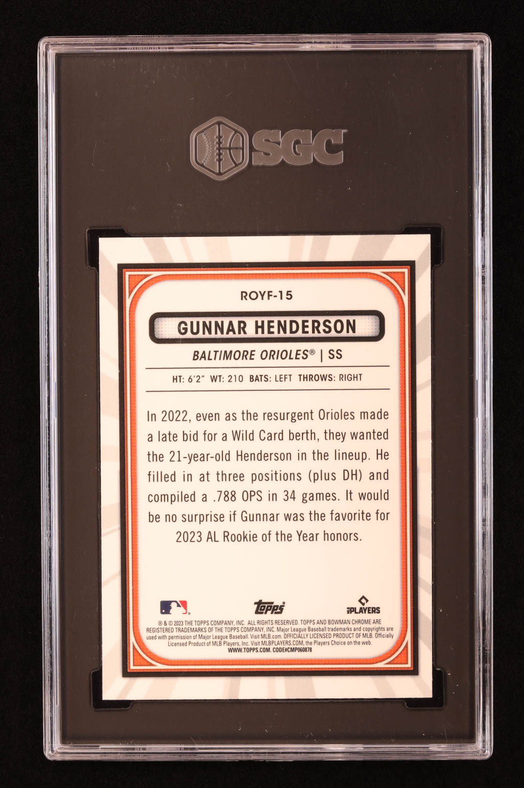 Gunnar Henderson 2023 Bowman Chrome Mega Box Rookie of the Year Favorites #ROYF15 RC (SGC 9.5) at PristineAuction.com Gunnar Henderson 2023 Bowman Chrome Mega Box Rookie of the Year Favorites #ROYF15 RC (SGC 9.5) at PristineAuction.com