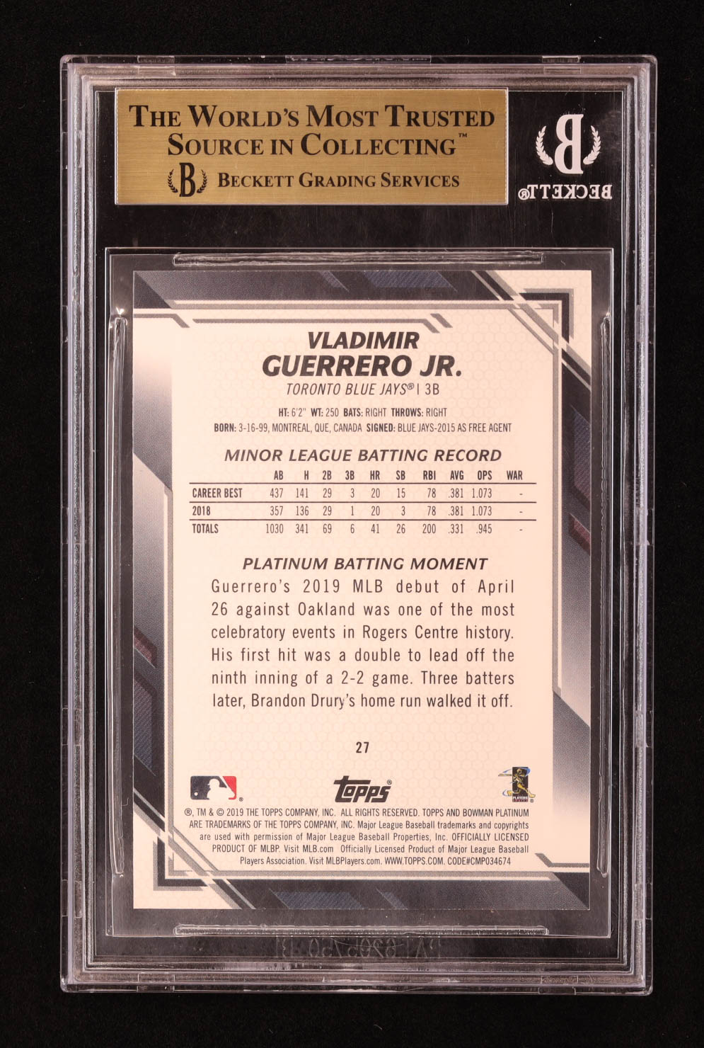 Vladimir Guerrero Jr. 2019 Bowman Platinum Base Set Variations Ice #27 RC (BGS 9.5) at PristineAuction.com Vladimir Guerrero Jr. 2019 Bowman Platinum Base Set Variations Ice #27 RC (BGS 9.5) at PristineAuction.com