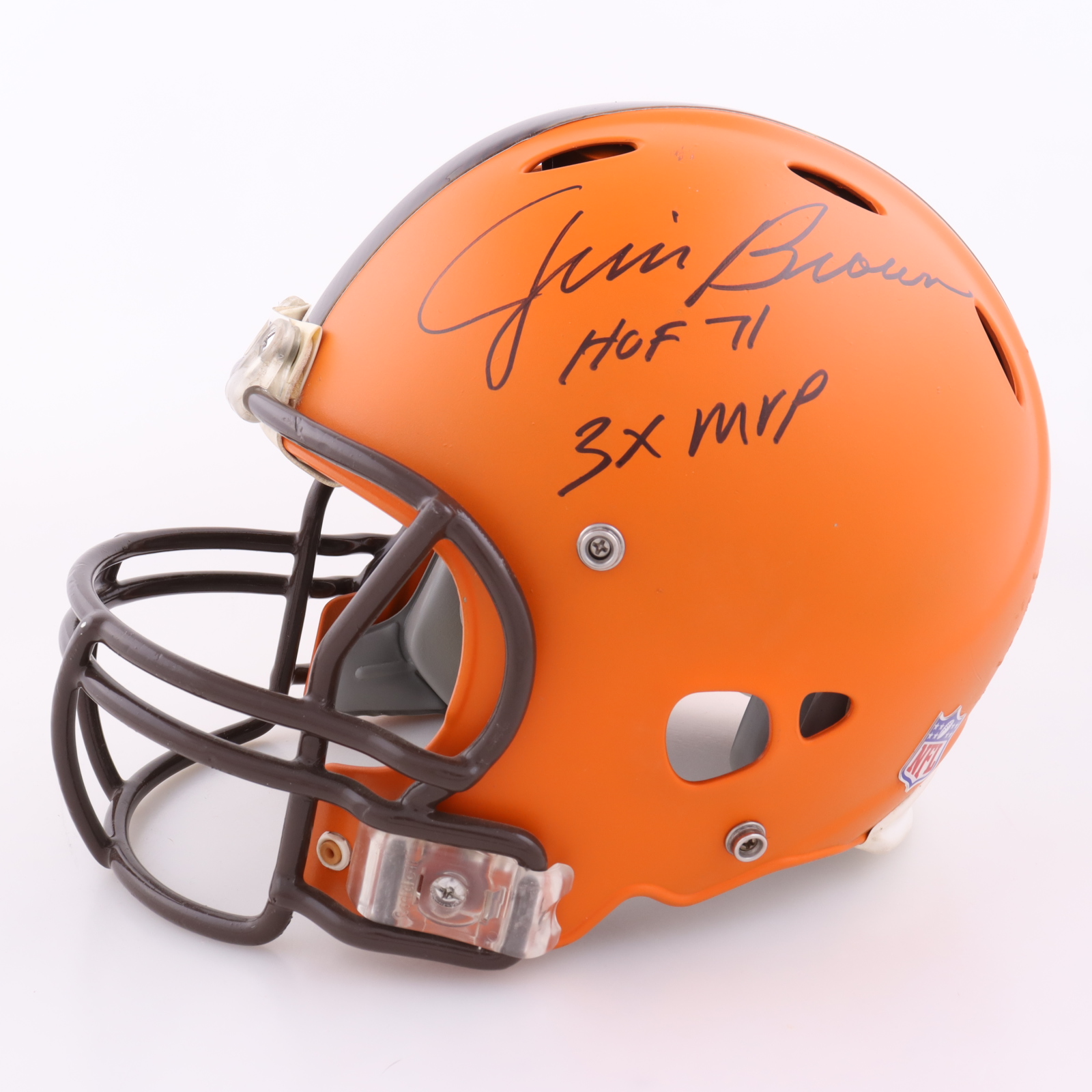 Jim Brown Signed Browns Full-Size Authentic On-Field Helmet Inscribed "HOF 71" & "3x MVP" (SGC) at PristineAuction.com Jim Brown Signed Browns Full-Size Authentic On-Field Helmet Inscribed "HOF 71" & "3x MVP" (SGC) at PristineAuction.com