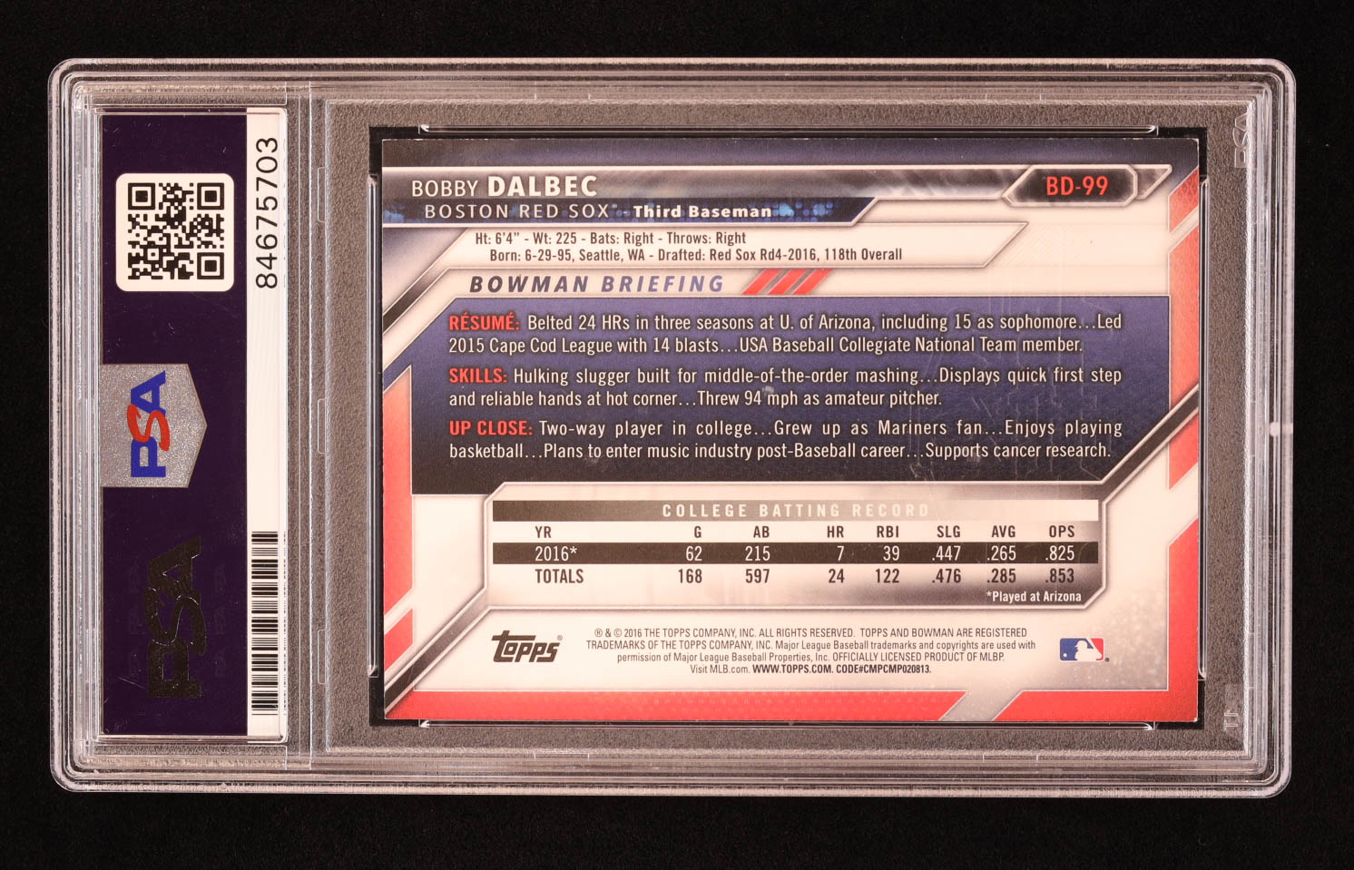 Bobby Dalbec Signed 2016 Bowman Draft #BD99 RC (PSA) at PristineAuction.com Bobby Dalbec Signed 2016 Bowman Draft #BD99 RC (PSA) at PristineAuction.com