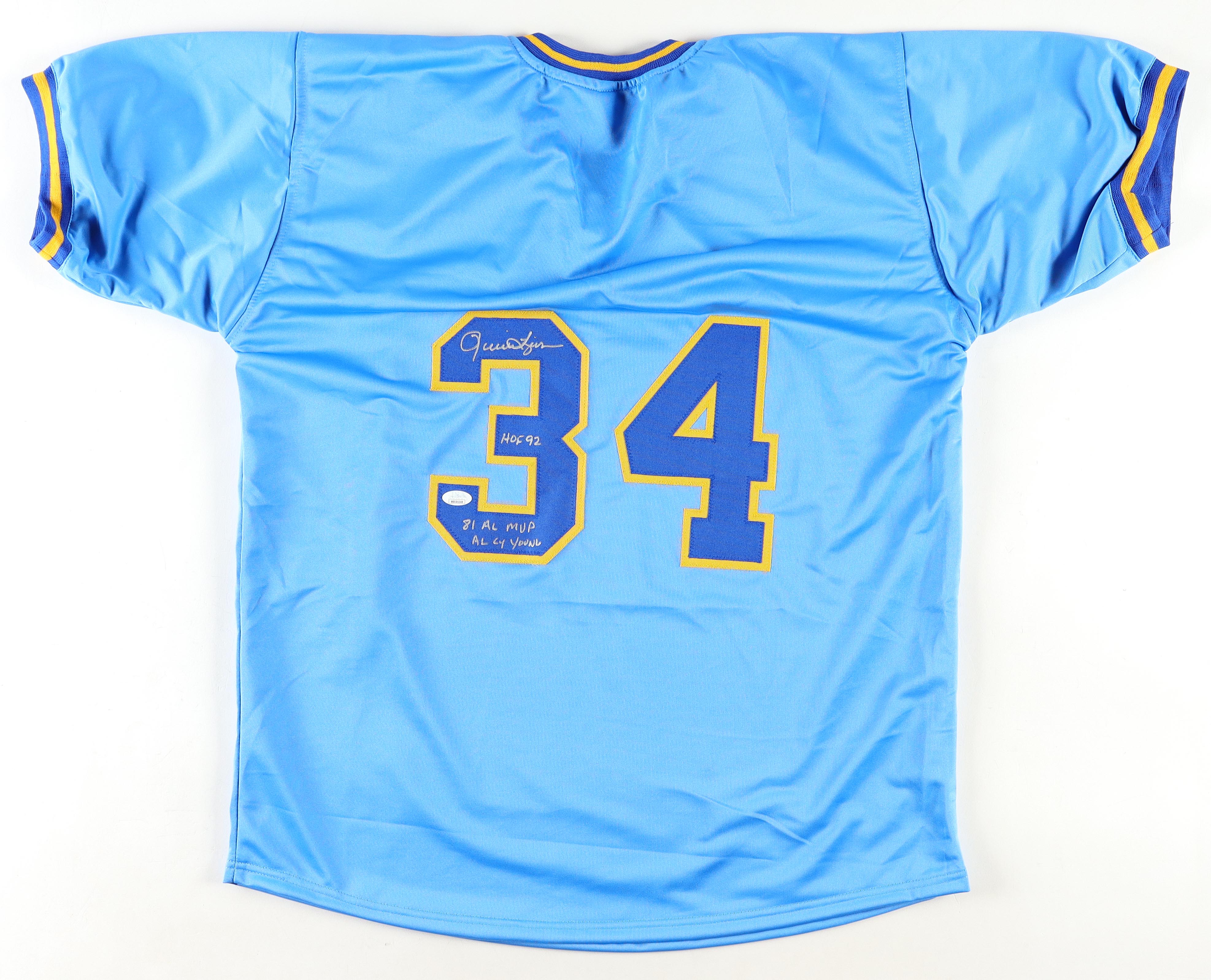 Rollie Fingers Signed Jersey Inscribed "HOF 92", "81 AL MVP" & "AL Cy Young" (JSA) at PristineAuction.com Rollie Fingers Signed Jersey Inscribed "HOF 92", "81 AL MVP" & "AL Cy Young" (JSA) at PristineAuction.com