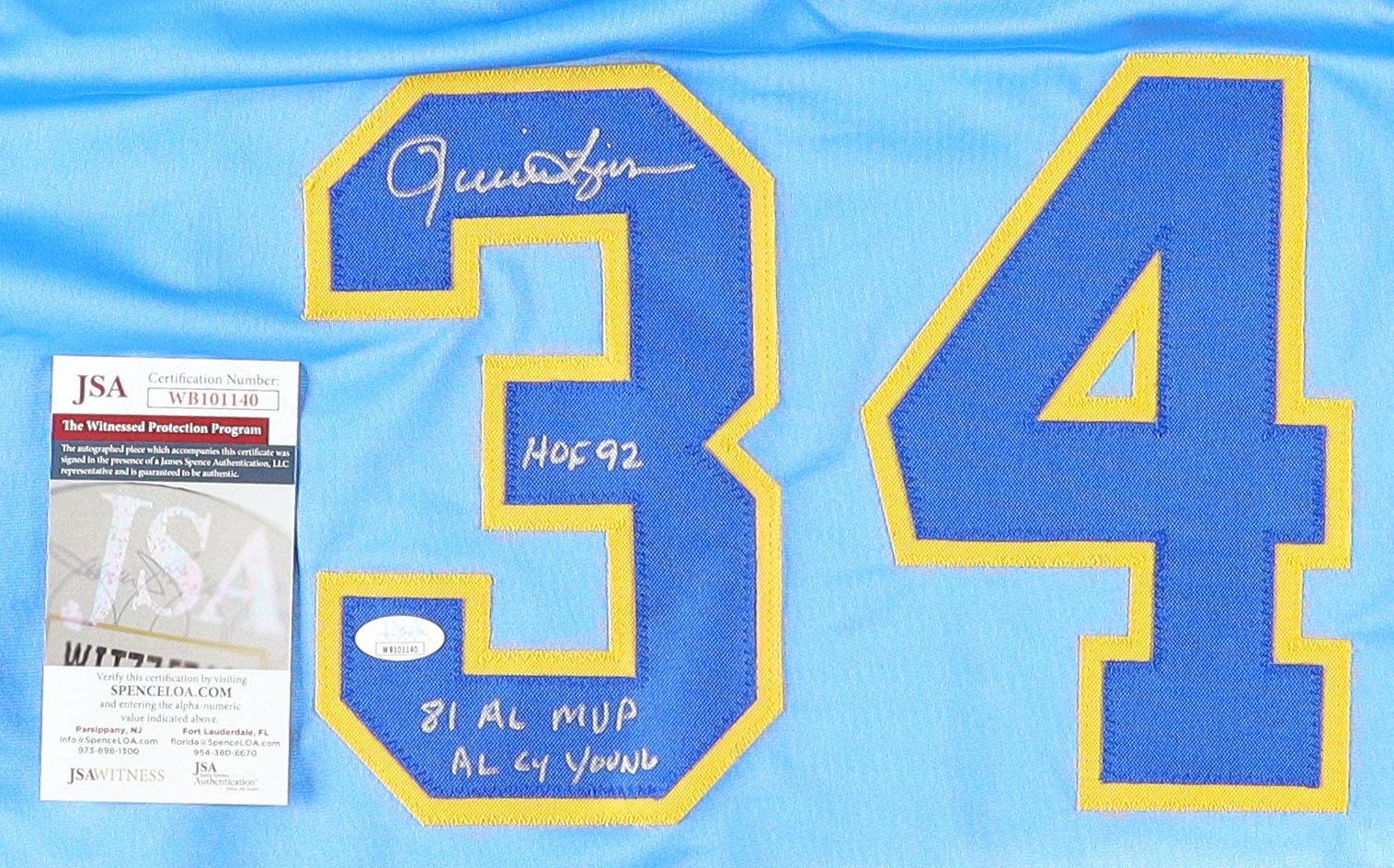 Rollie Fingers Signed Jersey Inscribed "HOF 92", "81 AL MVP" & "AL Cy Young" (JSA) at PristineAuction.com Rollie Fingers Signed Jersey Inscribed "HOF 92", "81 AL MVP" & "AL Cy Young" (JSA) at PristineAuction.com