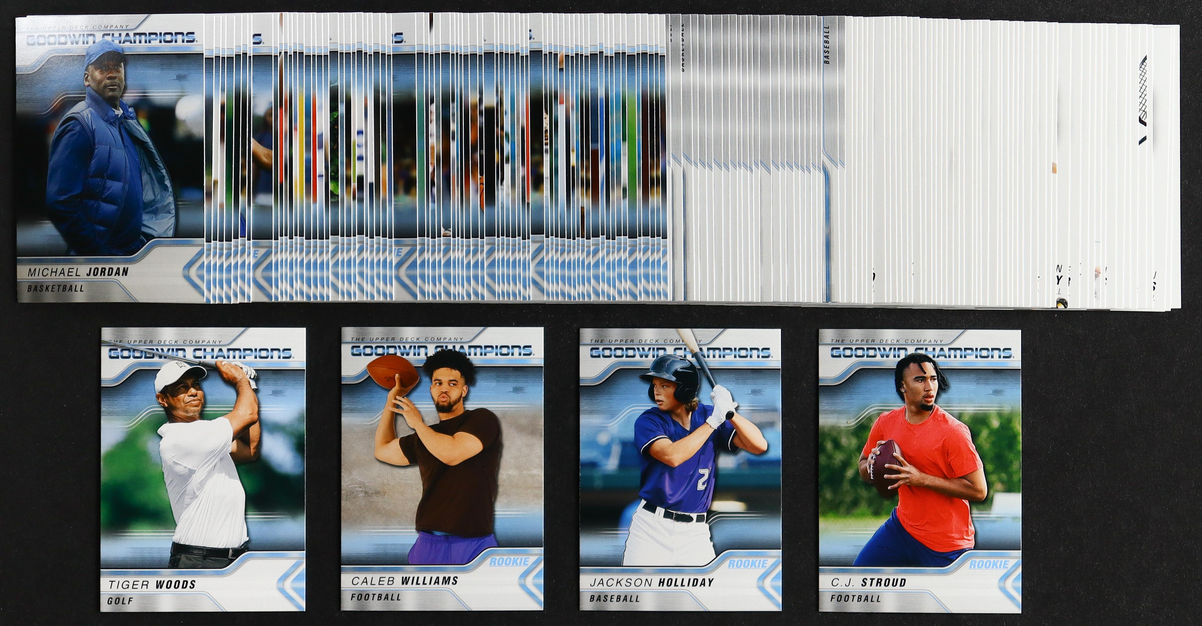 2023 Upper Deck Goodwin Champions Complete Set of (150) Cards with Tiger Woods #2, Caleb Williams #44 RC, Jackson Holliday #23 RC, C.J. Stroud #66 RC at PristineAuction.com 2023 Upper Deck Goodwin Champions Complete Set of (150) Cards with Tiger Woods #2, Caleb Williams #44 RC, Jackson Holliday #23 RC, C.J. Stroud #66 RC at PristineAuction.com