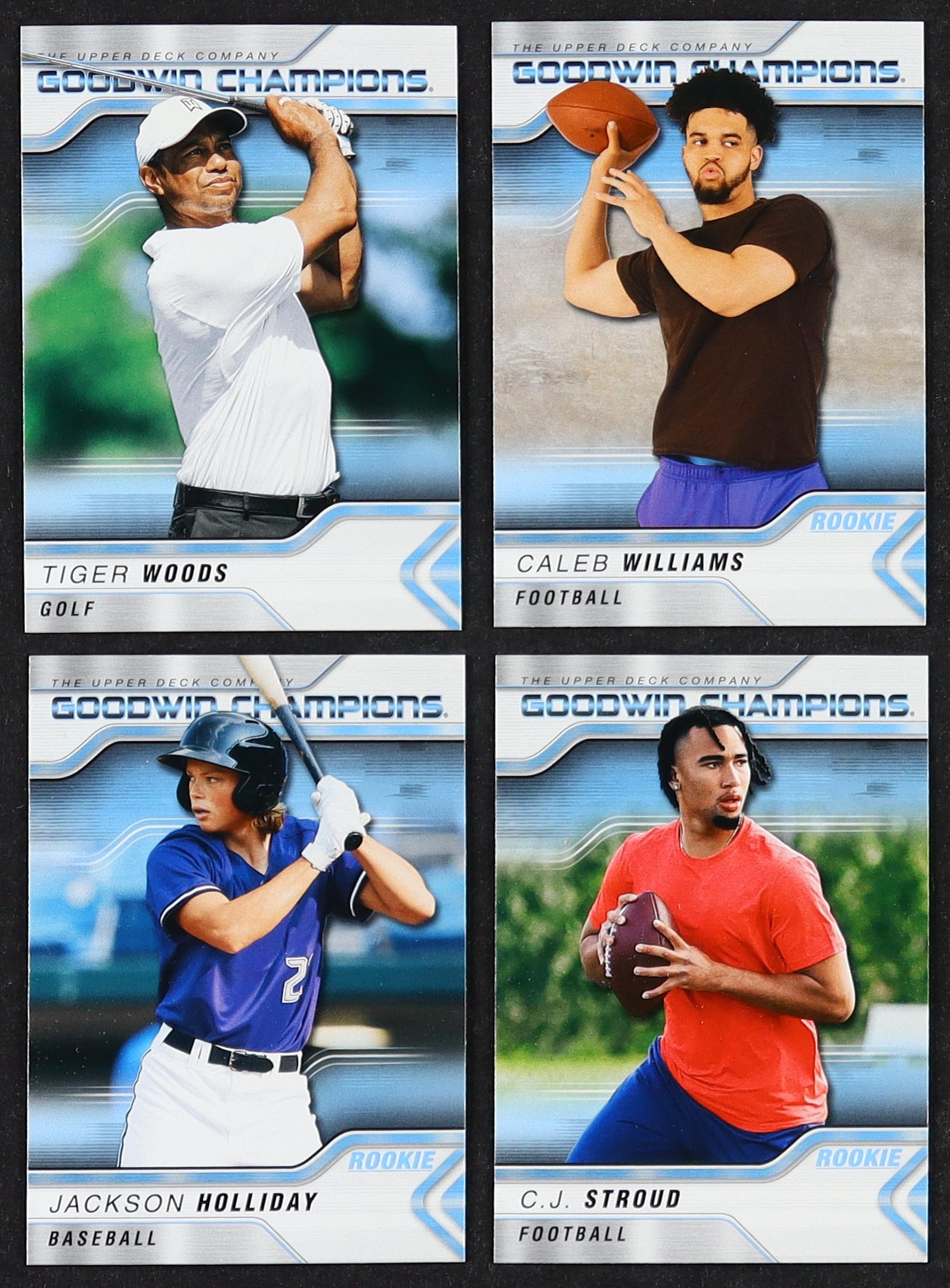 2023 Upper Deck Goodwin Champions Complete Set of (150) Cards with Tiger Woods #2, Caleb Williams #44 RC, Jackson Holliday #23 RC, C.J. Stroud #66 RC at PristineAuction.com 2023 Upper Deck Goodwin Champions Complete Set of (150) Cards with Tiger Woods #2, Caleb Williams #44 RC, Jackson Holliday #23 RC, C.J. Stroud #66 RC at PristineAuction.com