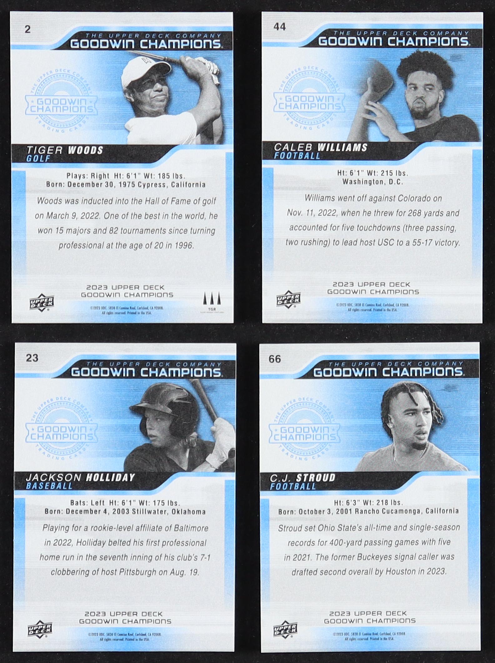 2023 Upper Deck Goodwin Champions Complete Set of (150) Cards with Tiger Woods #2, Caleb Williams #44 RC, Jackson Holliday #23 RC, C.J. Stroud #66 RC at PristineAuction.com 2023 Upper Deck Goodwin Champions Complete Set of (150) Cards with Tiger Woods #2, Caleb Williams #44 RC, Jackson Holliday #23 RC, C.J. Stroud #66 RC at PristineAuction.com