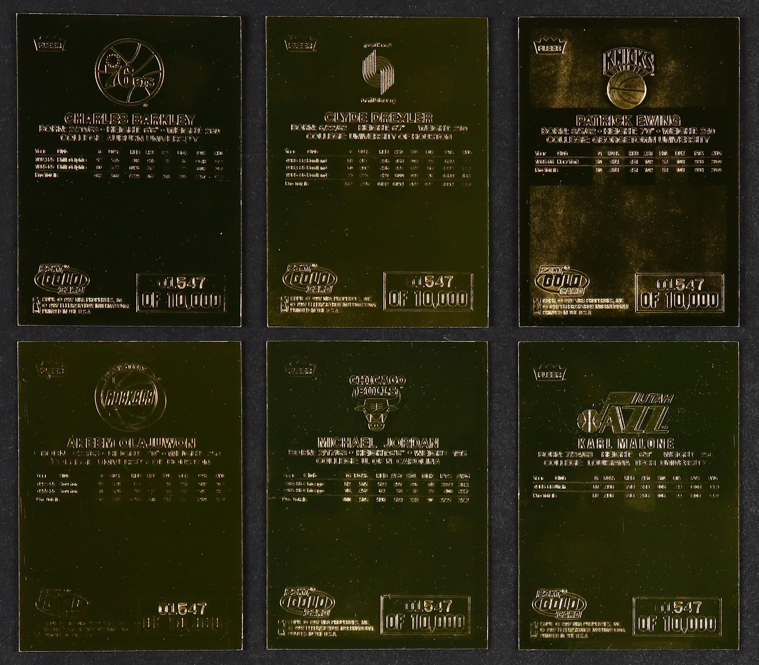 Complete Set of (6) 1997 Fleer Premier 23Kt Gold Cards with Michael Jordan, Clyde Drexler, Patrick Ewing, Hakeem Olajuwon, Karl Malone & Charles Barkley at PristineAuction.com Complete Set of (6) 1997 Fleer Premier 23Kt Gold Cards with Michael Jordan, Clyde Drexler, Patrick Ewing, Hakeem Olajuwon, Karl Malone & Charles Barkley at PristineAuction.com