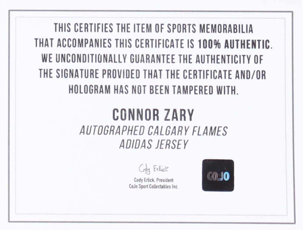 Connor Zary Signed Flames Adidas Jersey (COJO) at PristineAuction.com Connor Zary Signed Flames Adidas Jersey (COJO) at PristineAuction.com