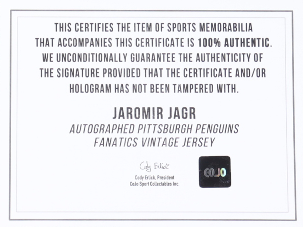 Jaromir Jagr Signed Penguins Fanatics Jersey (COJO) at PristineAuction.com Jaromir Jagr Signed Penguins Fanatics Jersey (COJO) at PristineAuction.com
