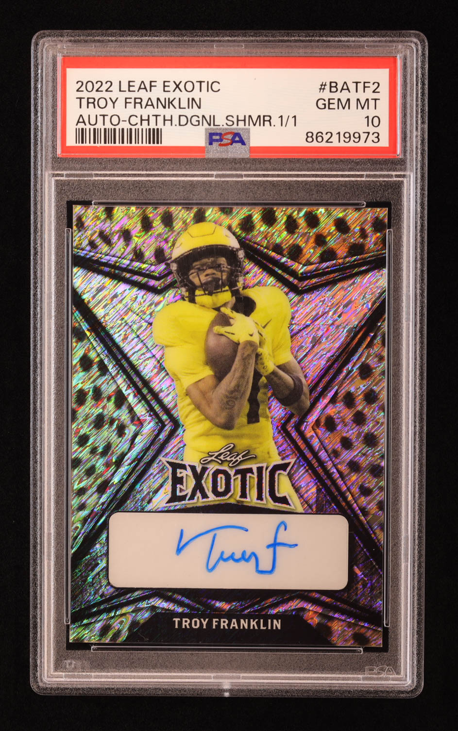 Troy Franklin 2022 Leaf Exotic Diagonal Shimmer Cheetah #BATF2 RC #1/1 (PSA 10) at PristineAuction.com Troy Franklin 2022 Leaf Exotic Diagonal Shimmer Cheetah #BATF2 RC #1/1 (PSA 10) at PristineAuction.com